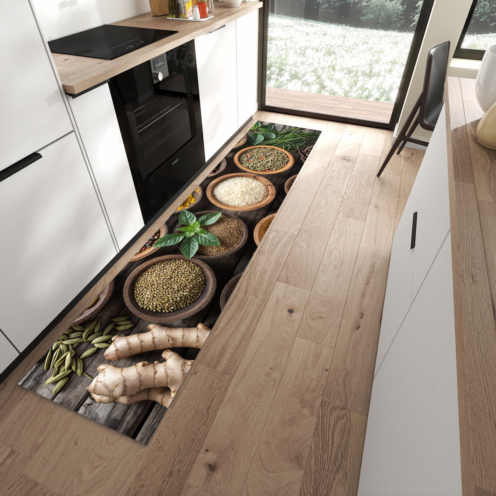 Rutschfester Küchenteppich mit Motiv Verschiedene Gewürze in moderner Küche
