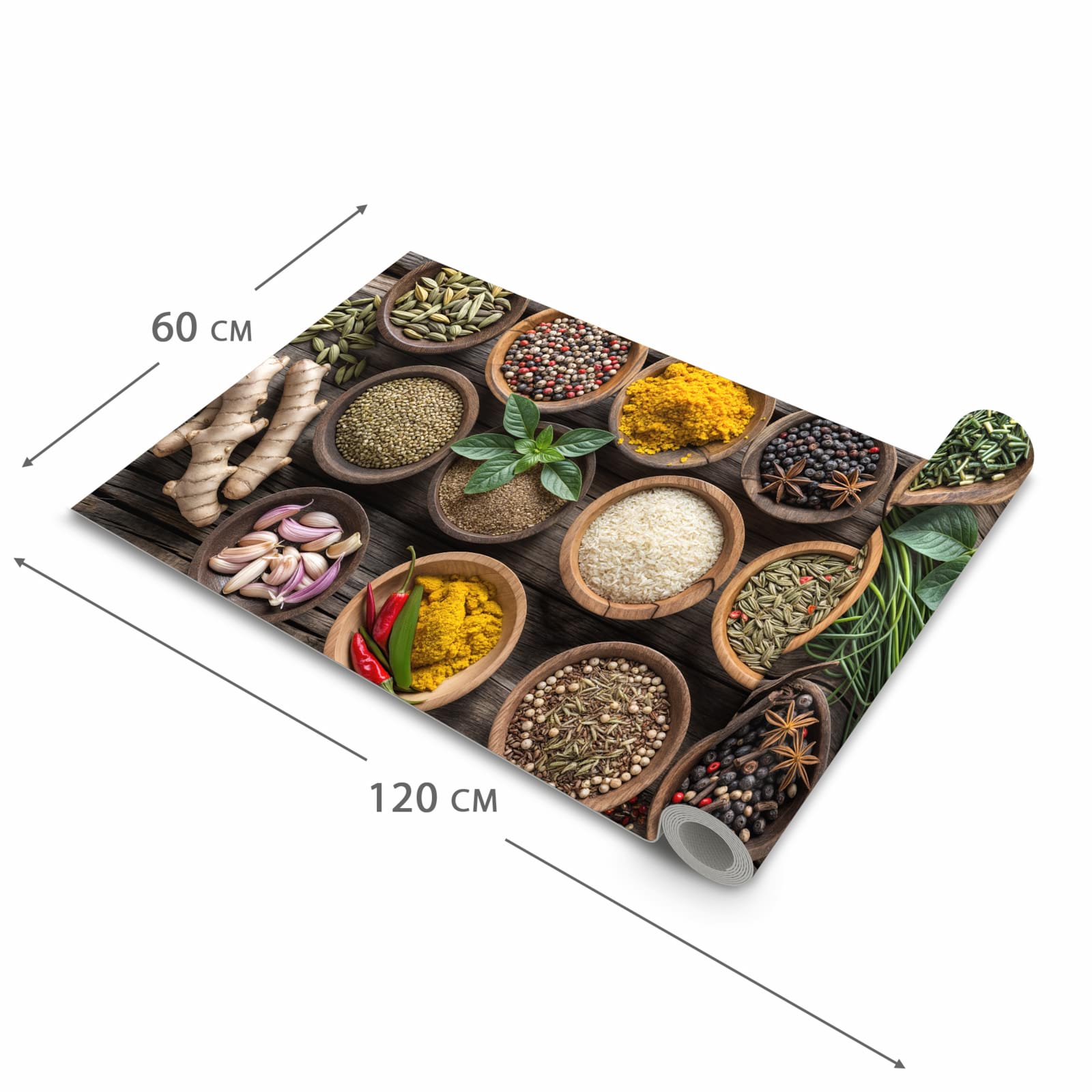 Rutschfester Küchenteppich mit Motiv Verschiedene Gewürze in der Größe 90x240 cm