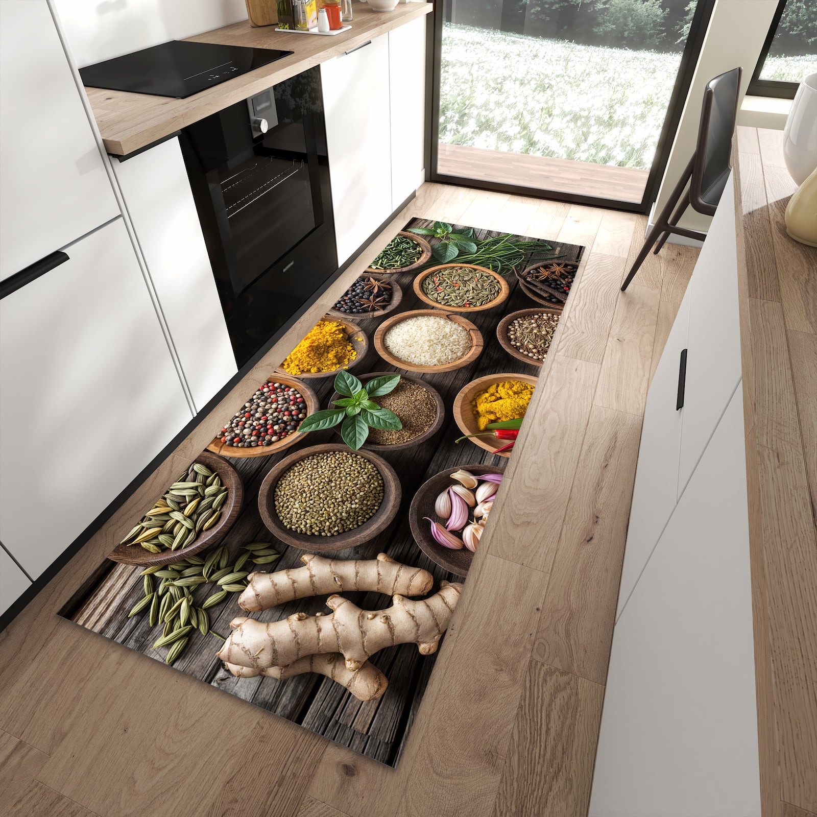 Feuchtigkeitsresistenter Küchenvorleger mit Motiv Verschiedene Gewürze in moderner Küche