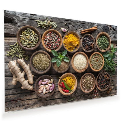 Wandbild mit dem Motiv Gewürze auf Holztisch
