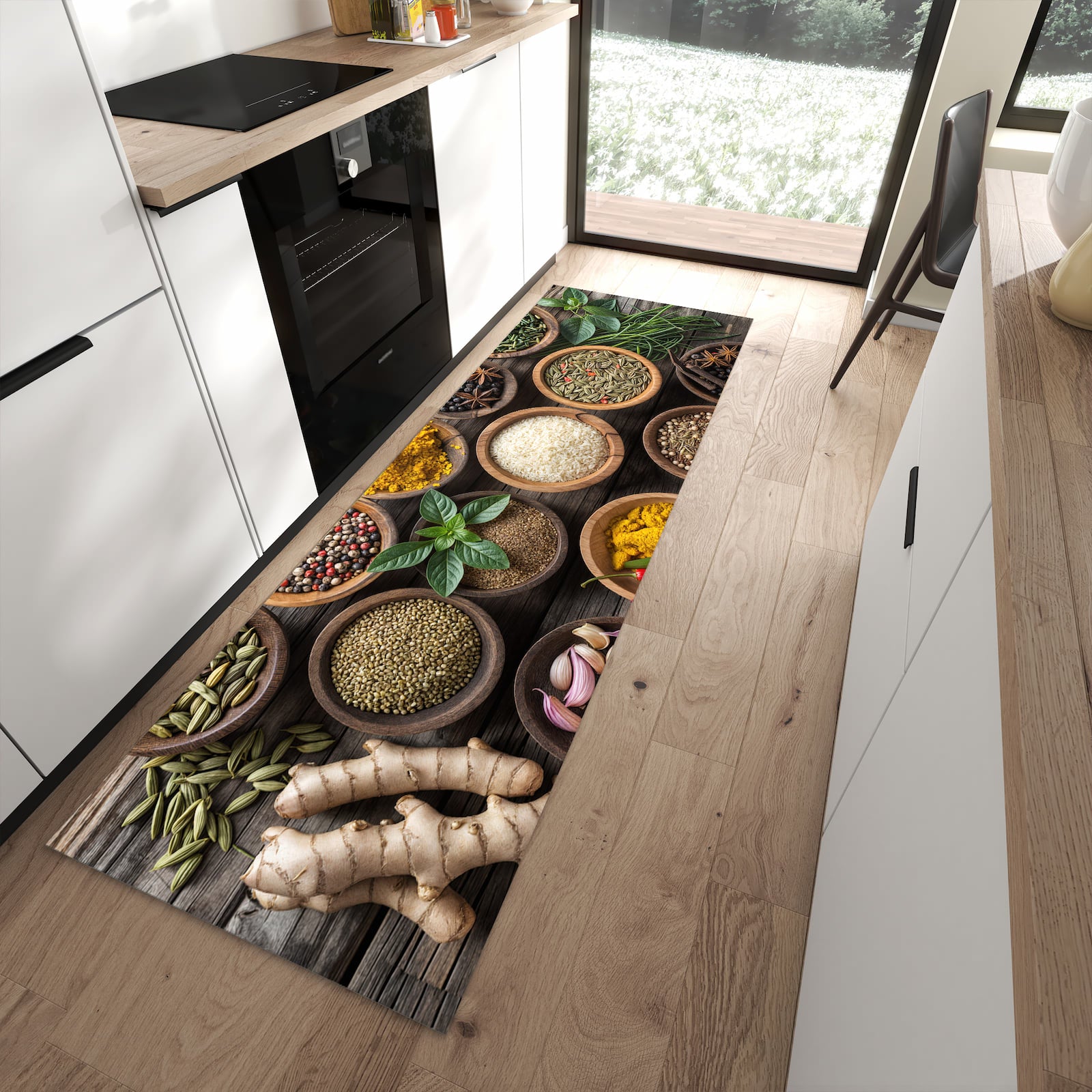 Strapazierfähiger Läufer für die Küche mit Motiv Verschiedene Gewürze in moderner Küche