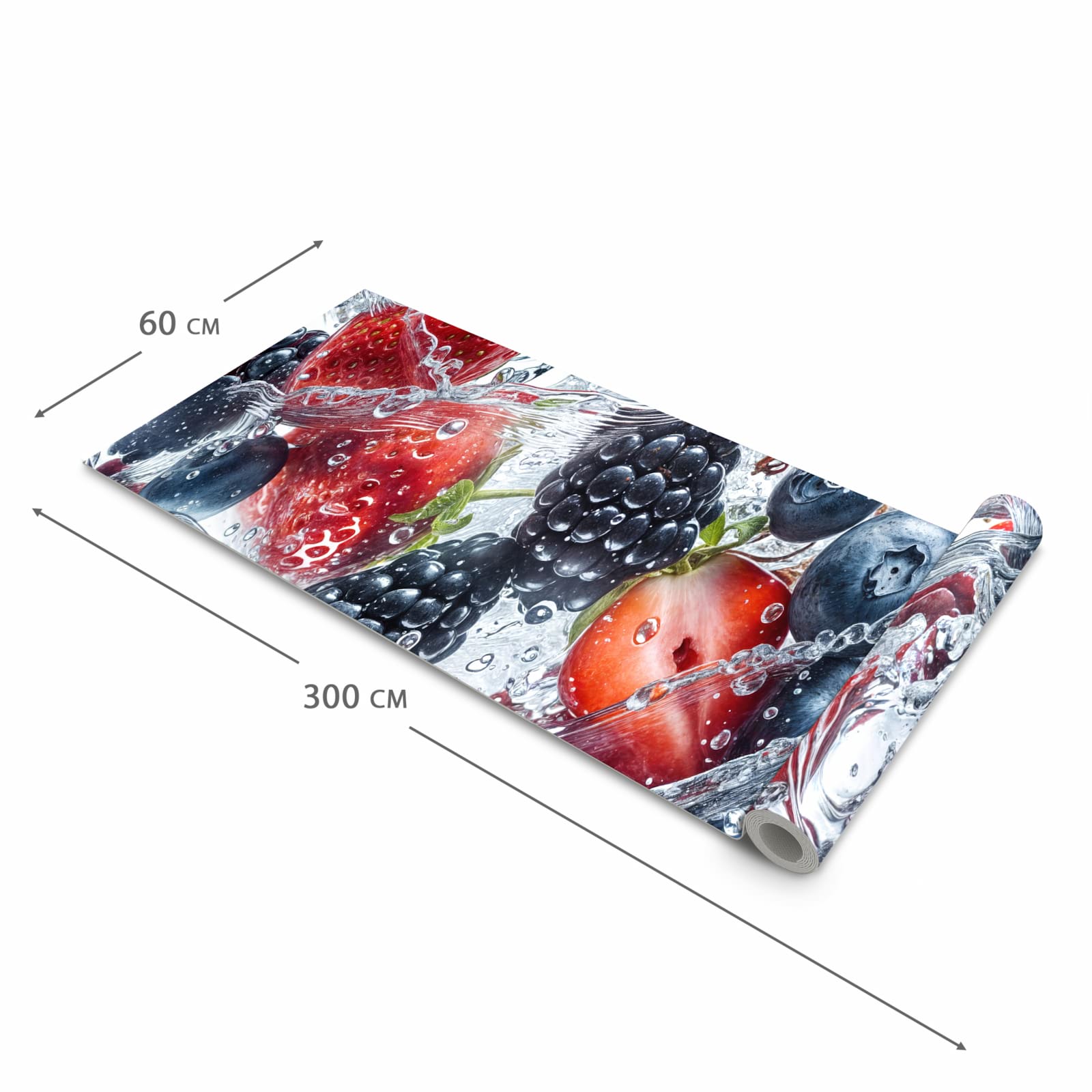 Abwaschbarer Küchenteppich mit Motiv Beeren im Wasser in der Grösse 90x180 cm