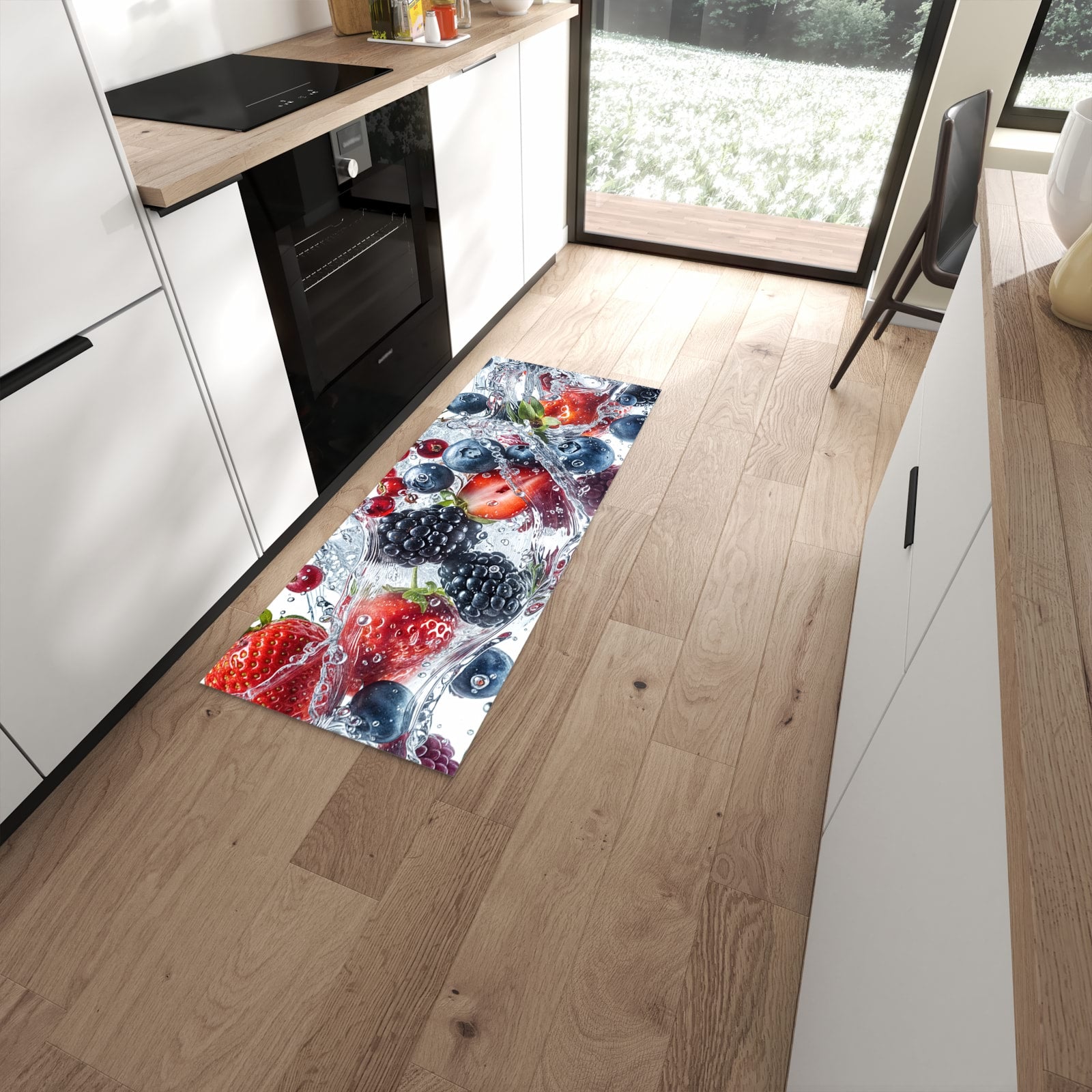 Pflegeleichter Teppich für Küche mit Motiv Beeren im Wasser in moderner Küche #grösse_60 x 150 cm