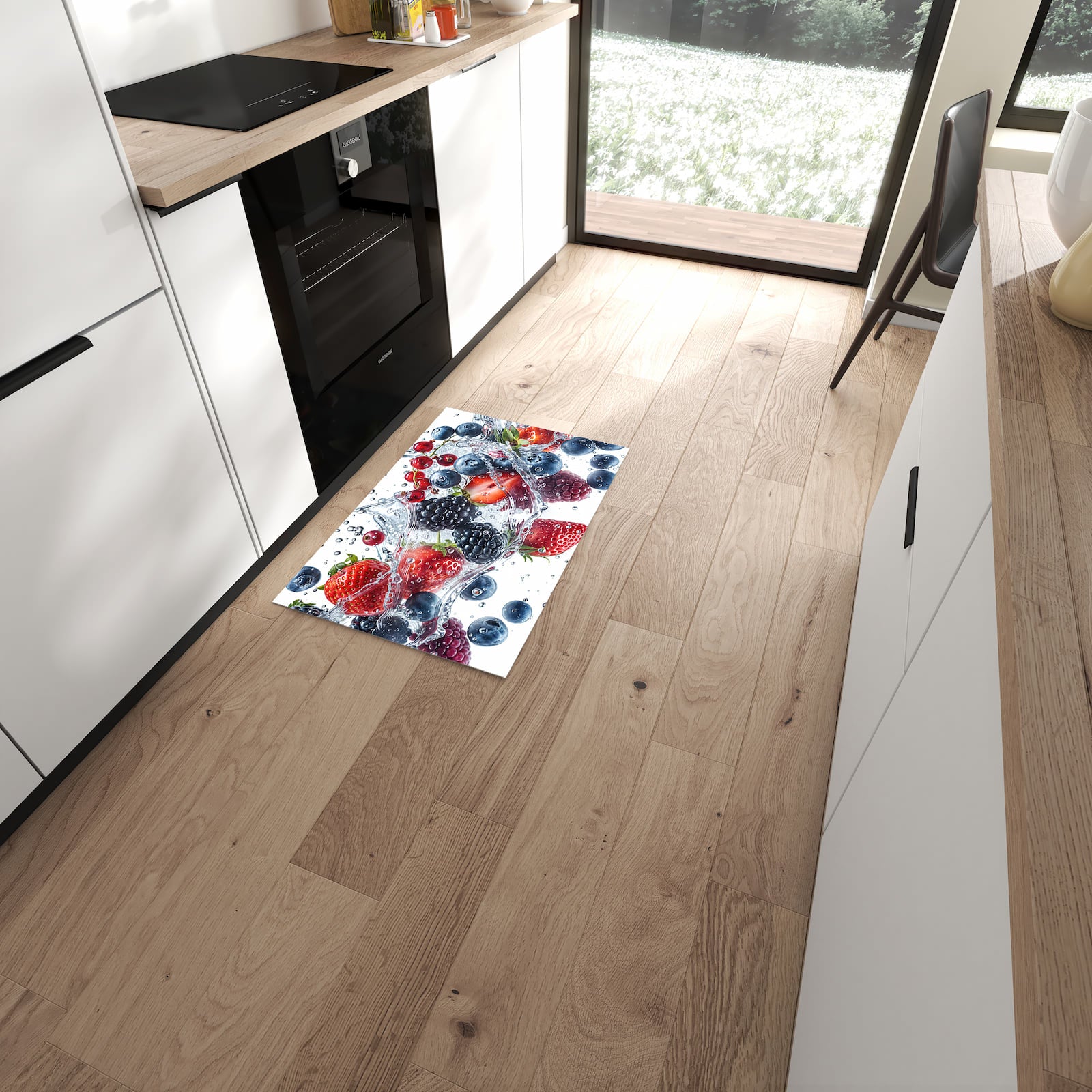 Hygienischer Küchenteppich mit Motiv Beeren im Wasser in moderner Küche