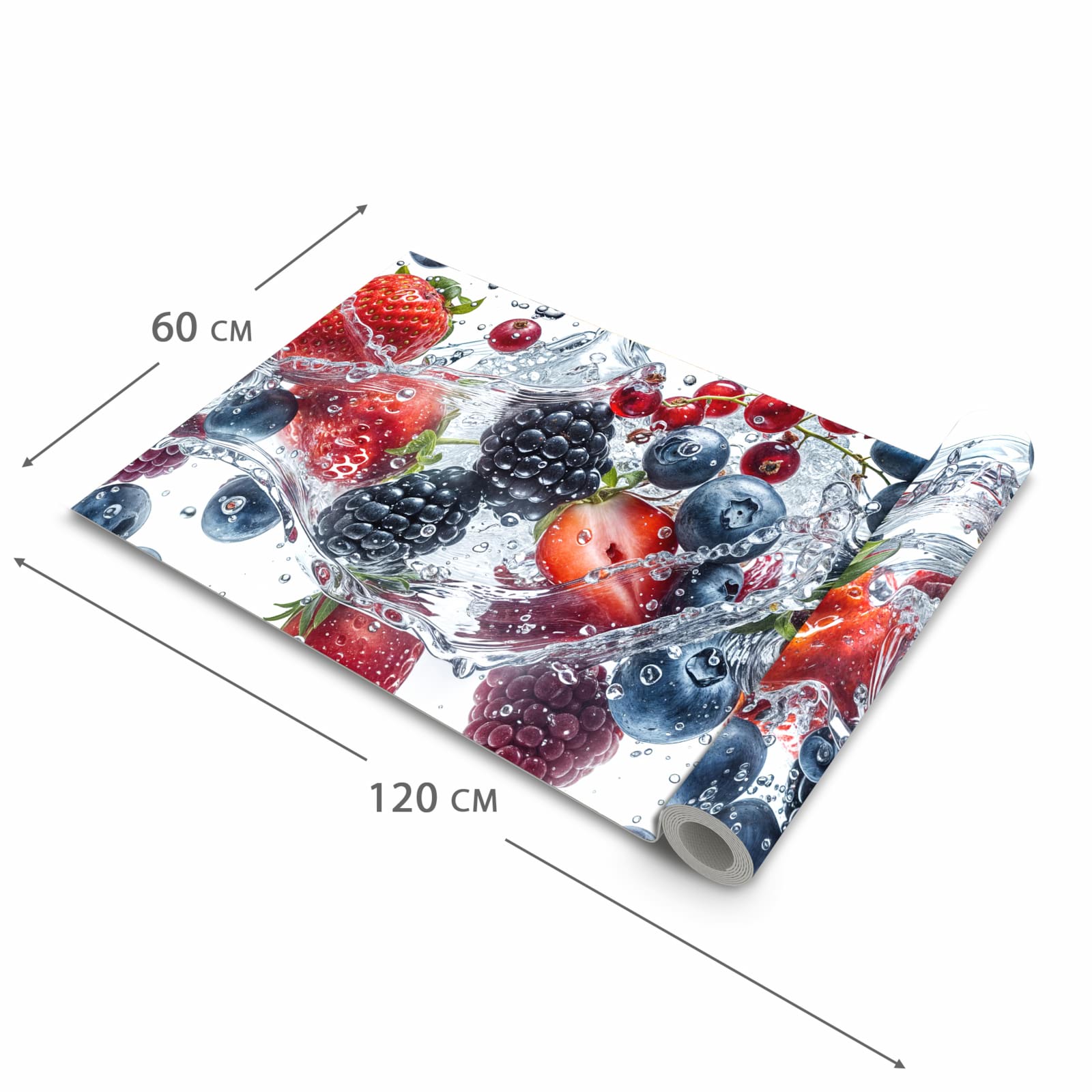 Langlebiger moderner Küchenläufer mit Motiv Beeren im Wasser in der Grösse 90x180 cm