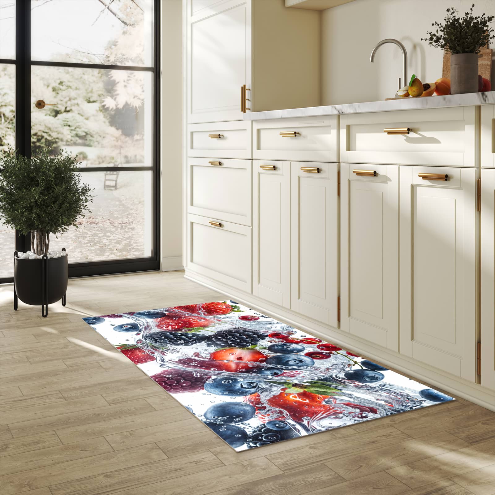 Geruchsneutraler Küchenläufer mit Motiv Beeren im Wasser in heller Küche