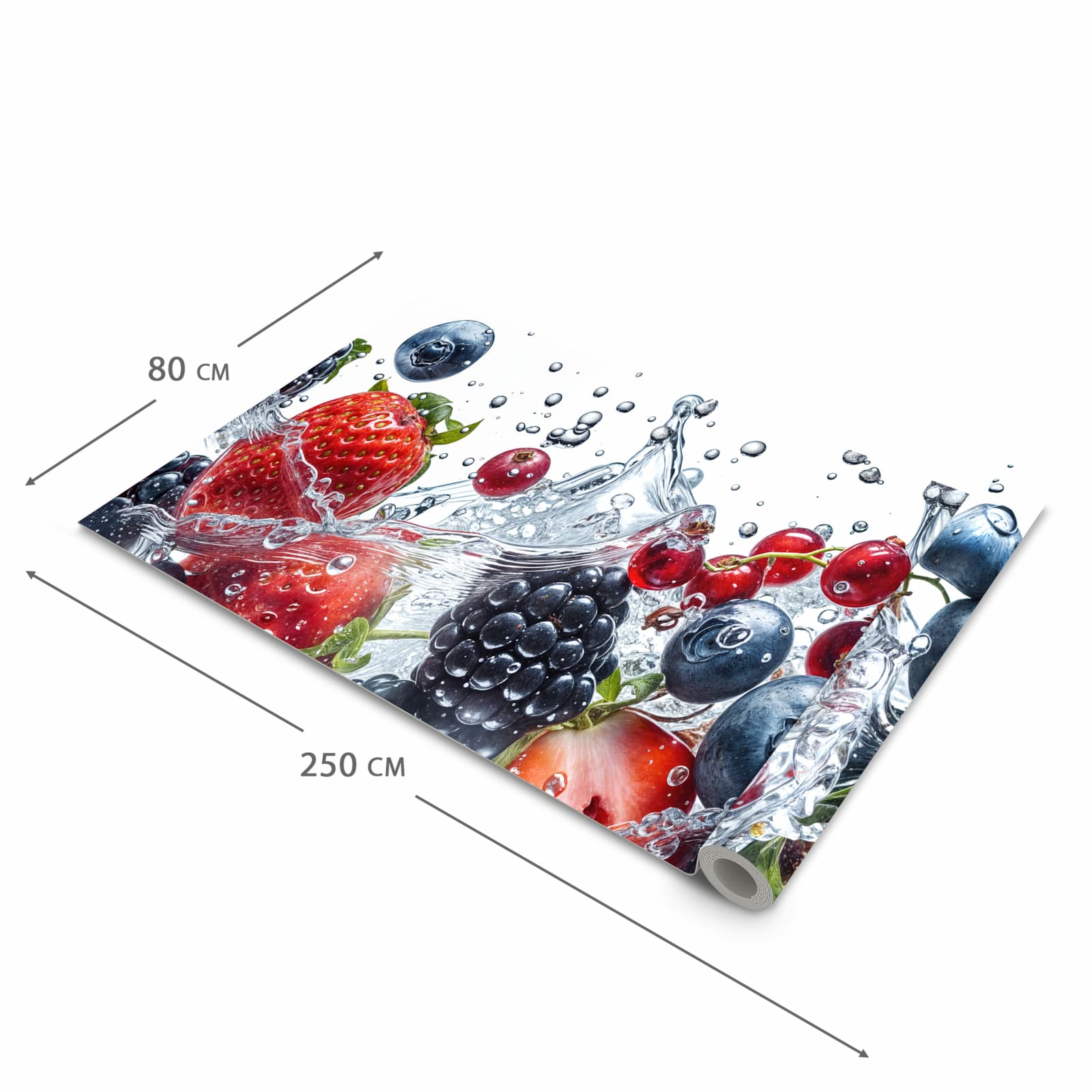 Strapazierfähiger Küchenteppich mit Motiv Beeren im Wasser in der Grösse 90x180 cm