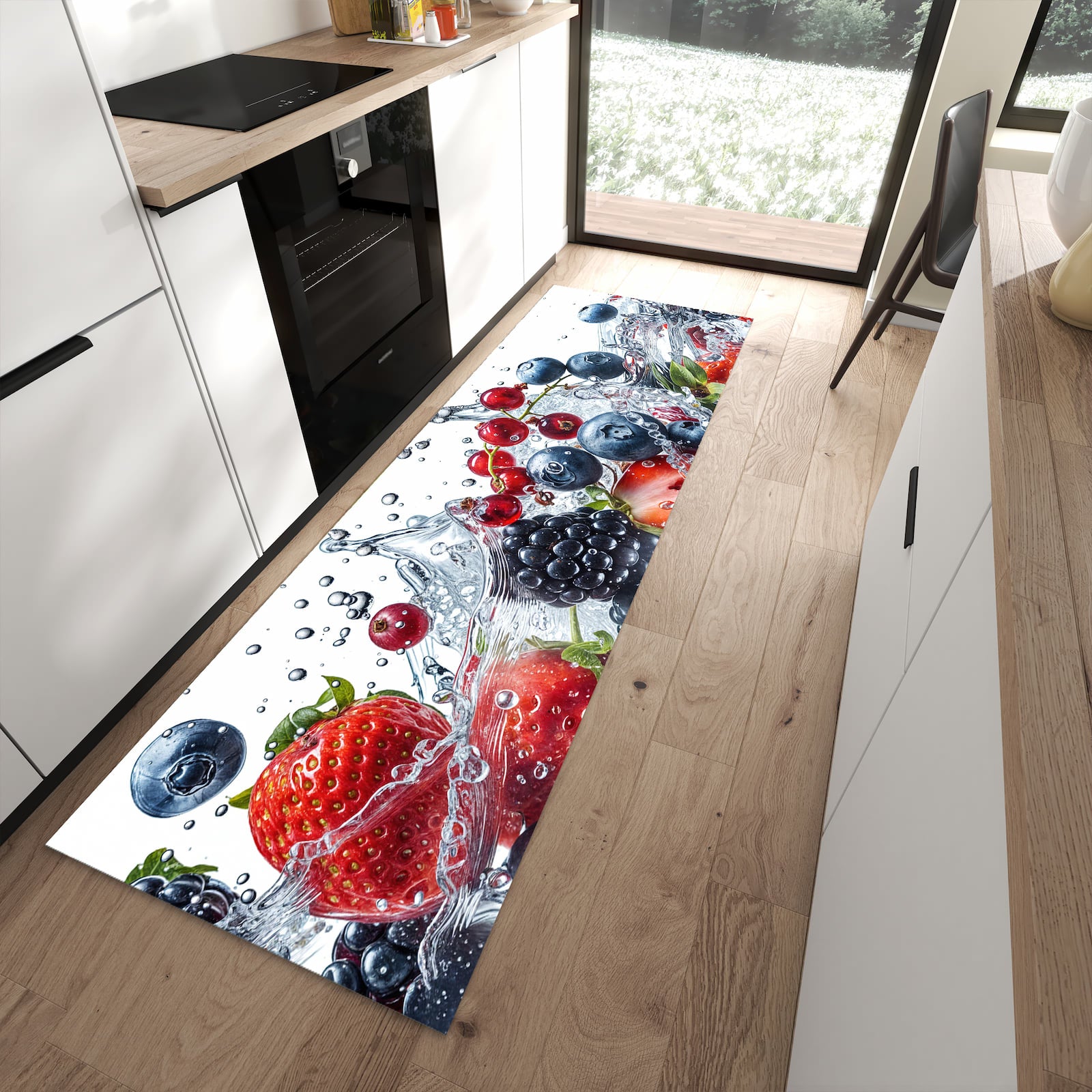 Waschbarer Küchenläufer mit Motiv Beeren im Wasser in moderner Küche