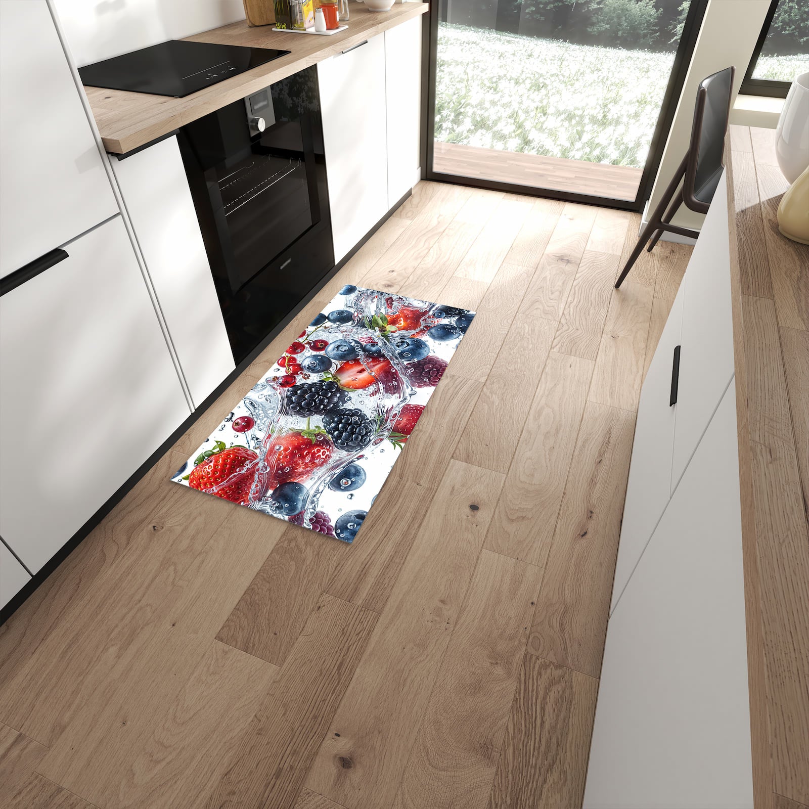 Flacher Küchenteppich mit Motiv Beeren im Wasser in moderner Küche #grösse_60 x 120 cm