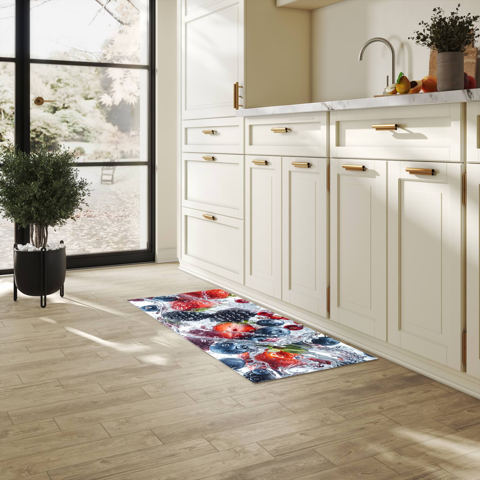 Strapazierfähiger Küchenteppich mit Motiv Beeren im Wasser in heller Küche