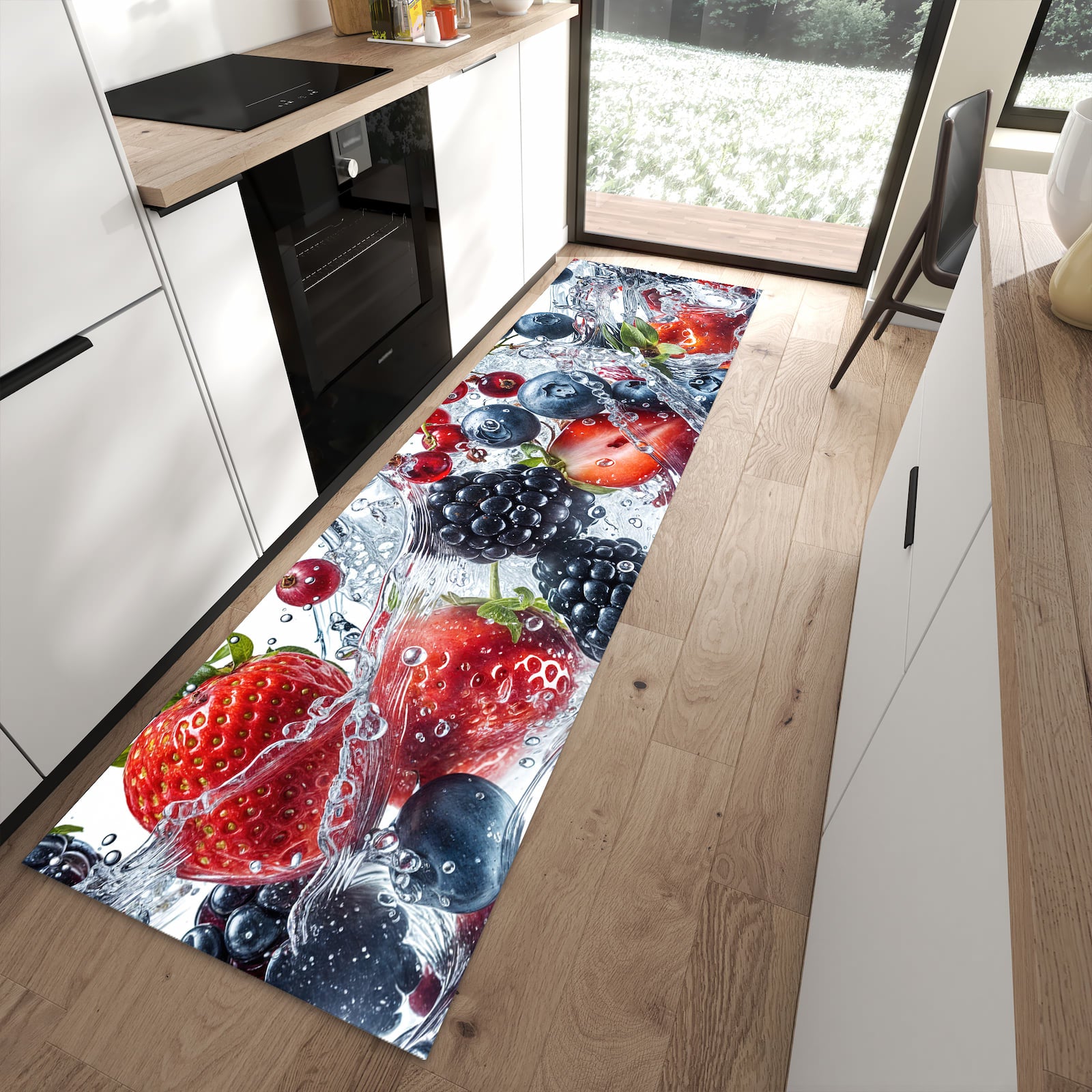 Langlebiger Küchenläufer mit Motiv Beeren im Wasser in moderner Küche