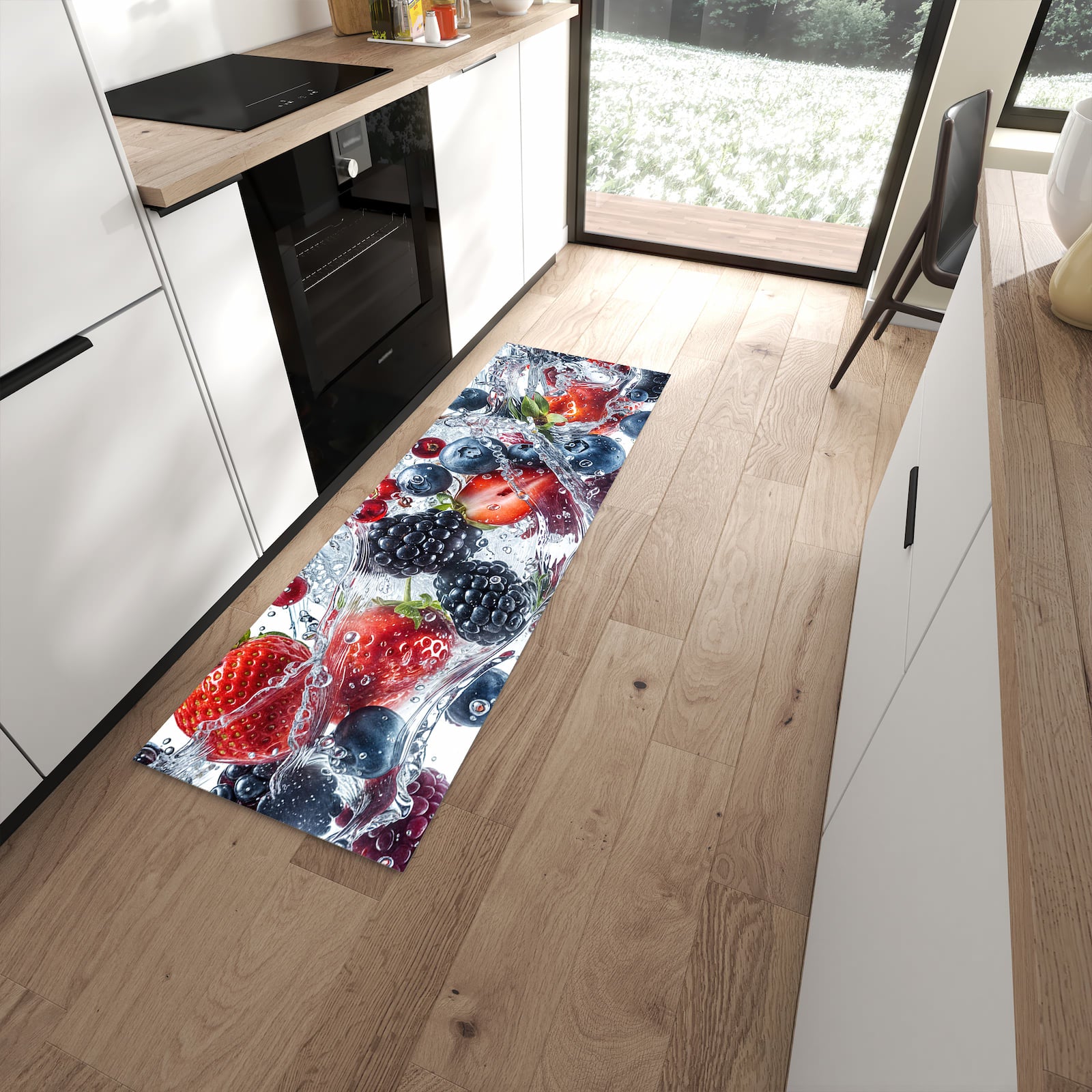 Komfortabler Küchenteppich mit Motiv Beeren im Wasser in moderner Küche