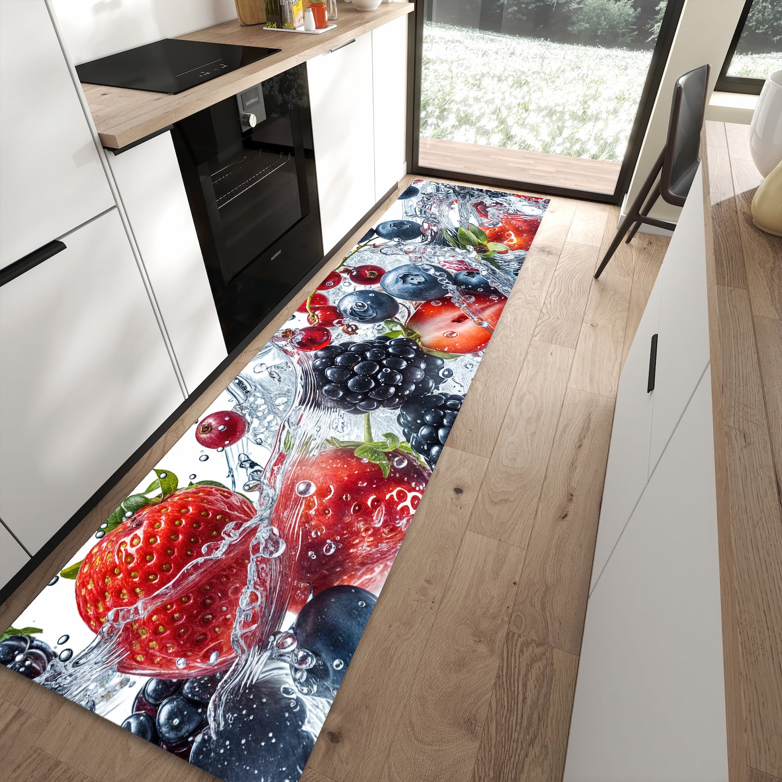 Rutschfester Küchenläufer mit Motiv Beeren im Wasser in moderner Küche