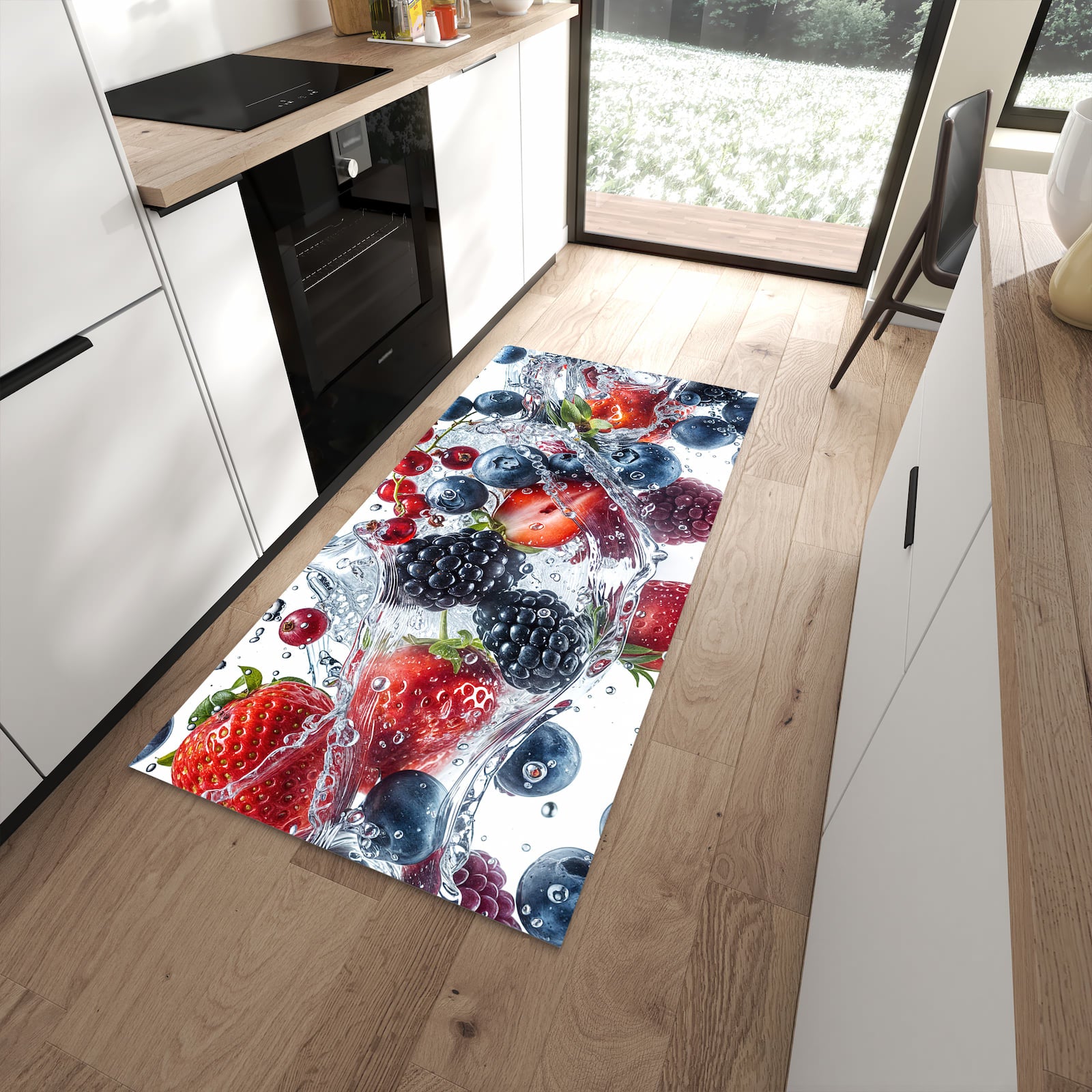 Feuchtigkeitsresistenter Küchenvorleger mit Motiv Beeren im Wasser in moderner Küche