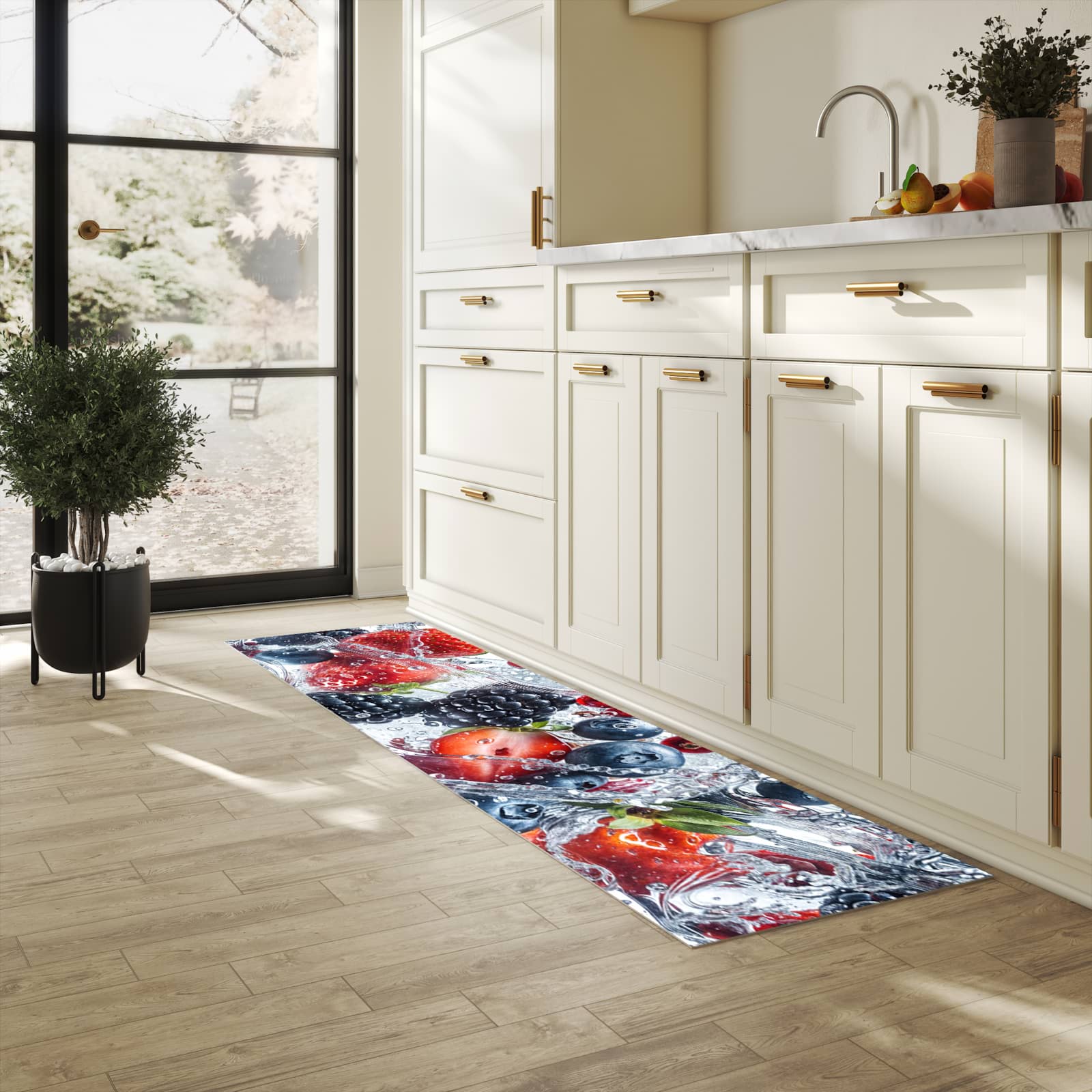Langlebiger Küchenteppich mit Motiv Beeren im Wasser in heller Küche