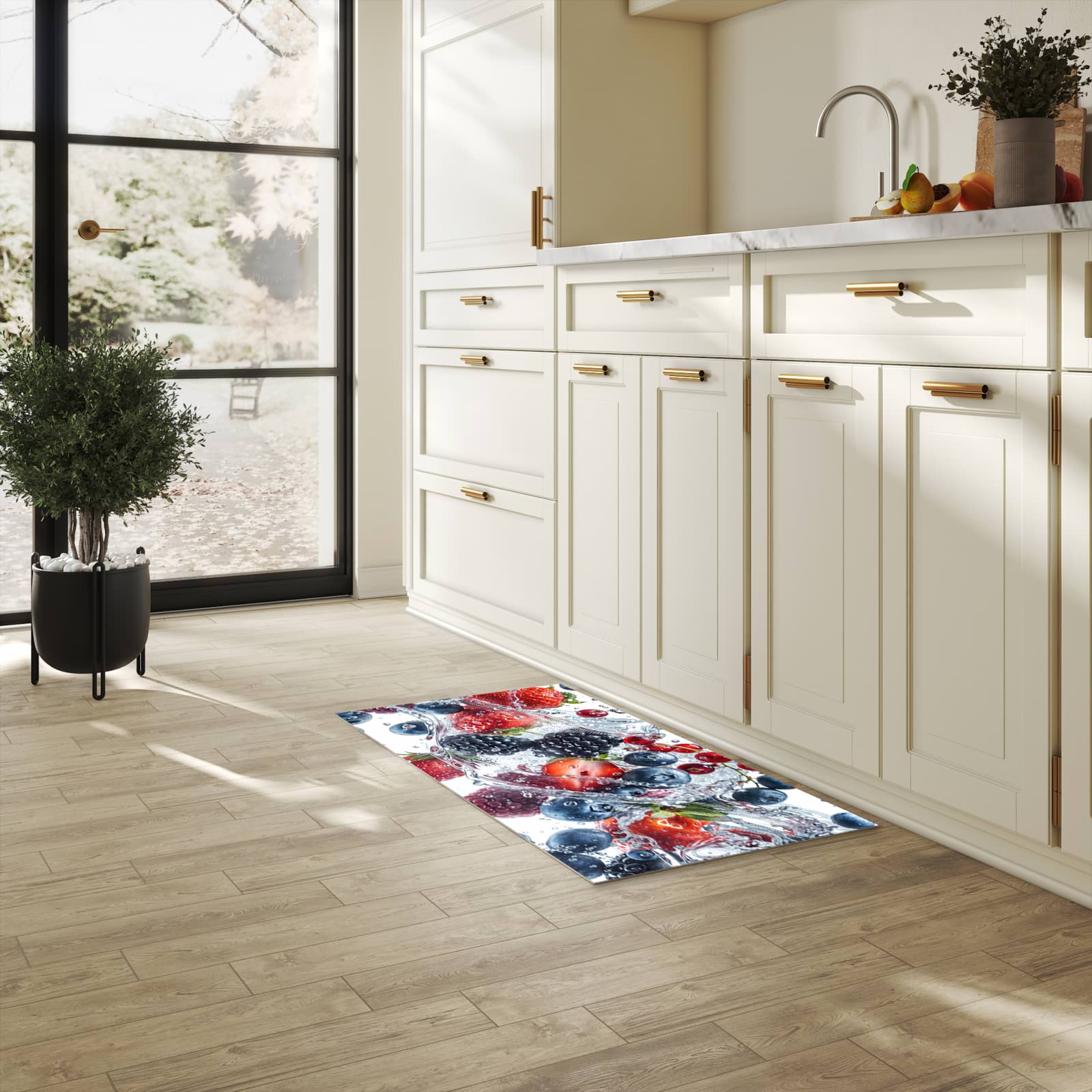 Hygienischer Küchenteppich mit Motiv Beeren im Wasser in heller Küche