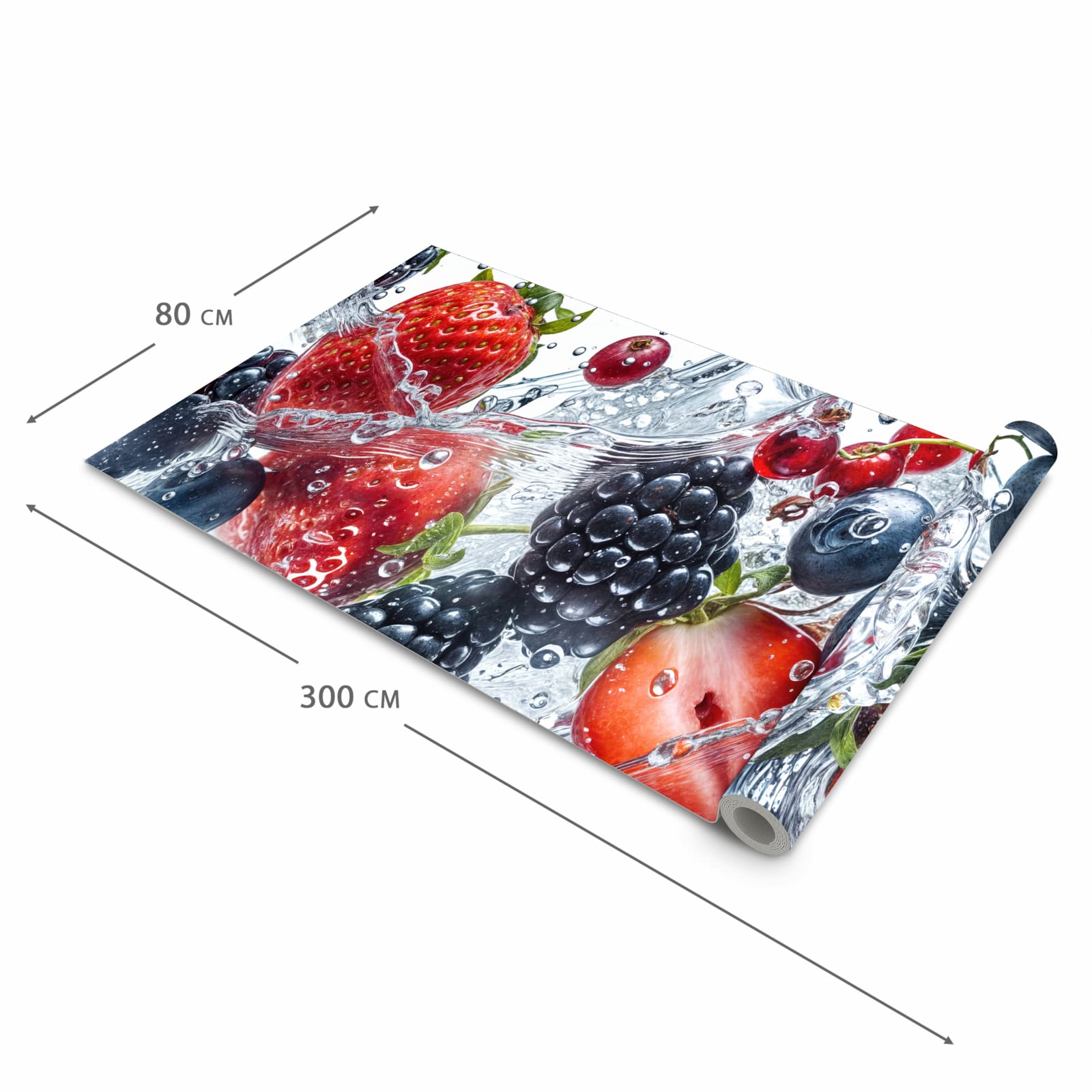 Langlebiger Teppich für die Küche mit Motiv Beeren im Wasser in der Grösse 90x180 cm