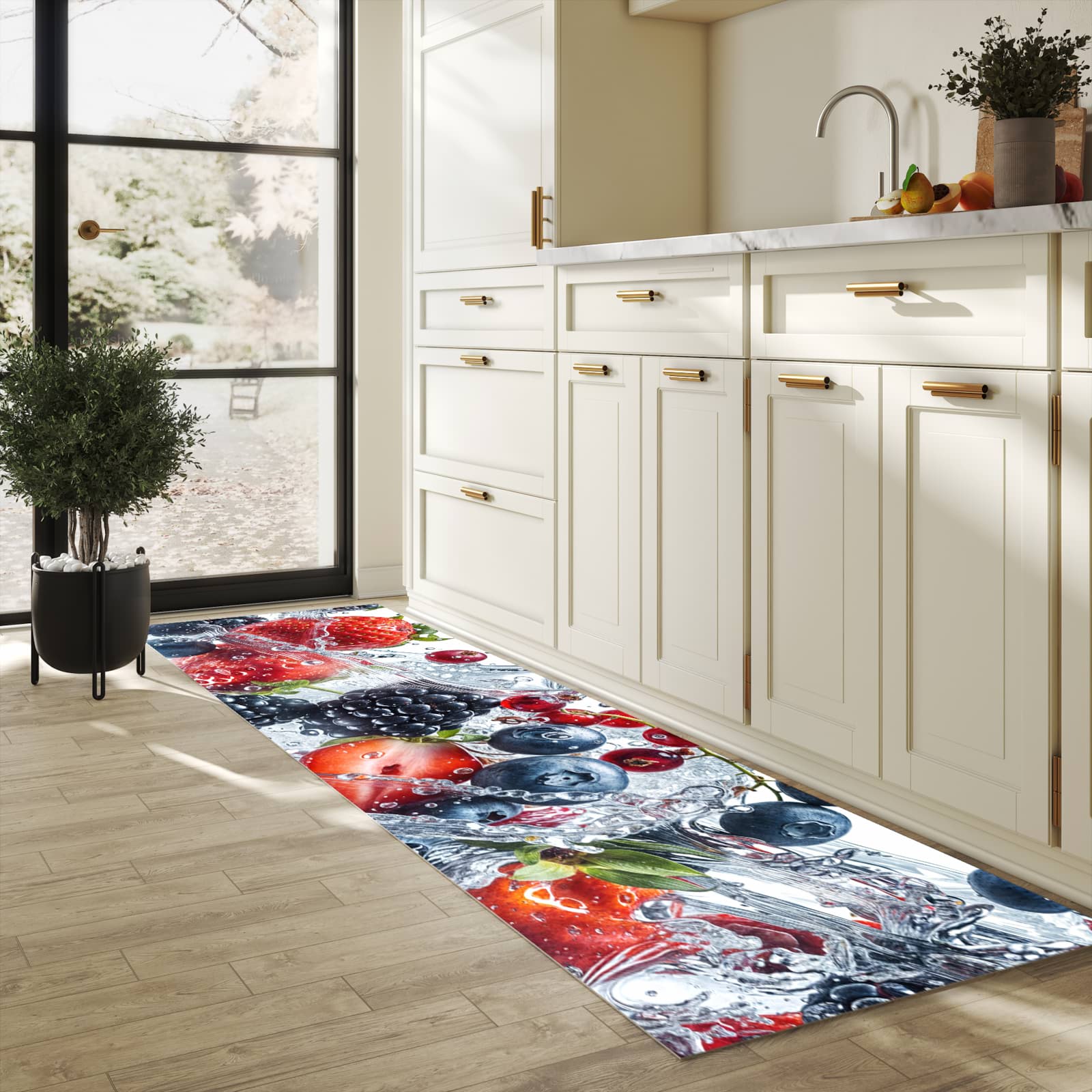 Schmutzabweisender Küchenläufer mit Motiv Beeren im Wasser in heller Küche
