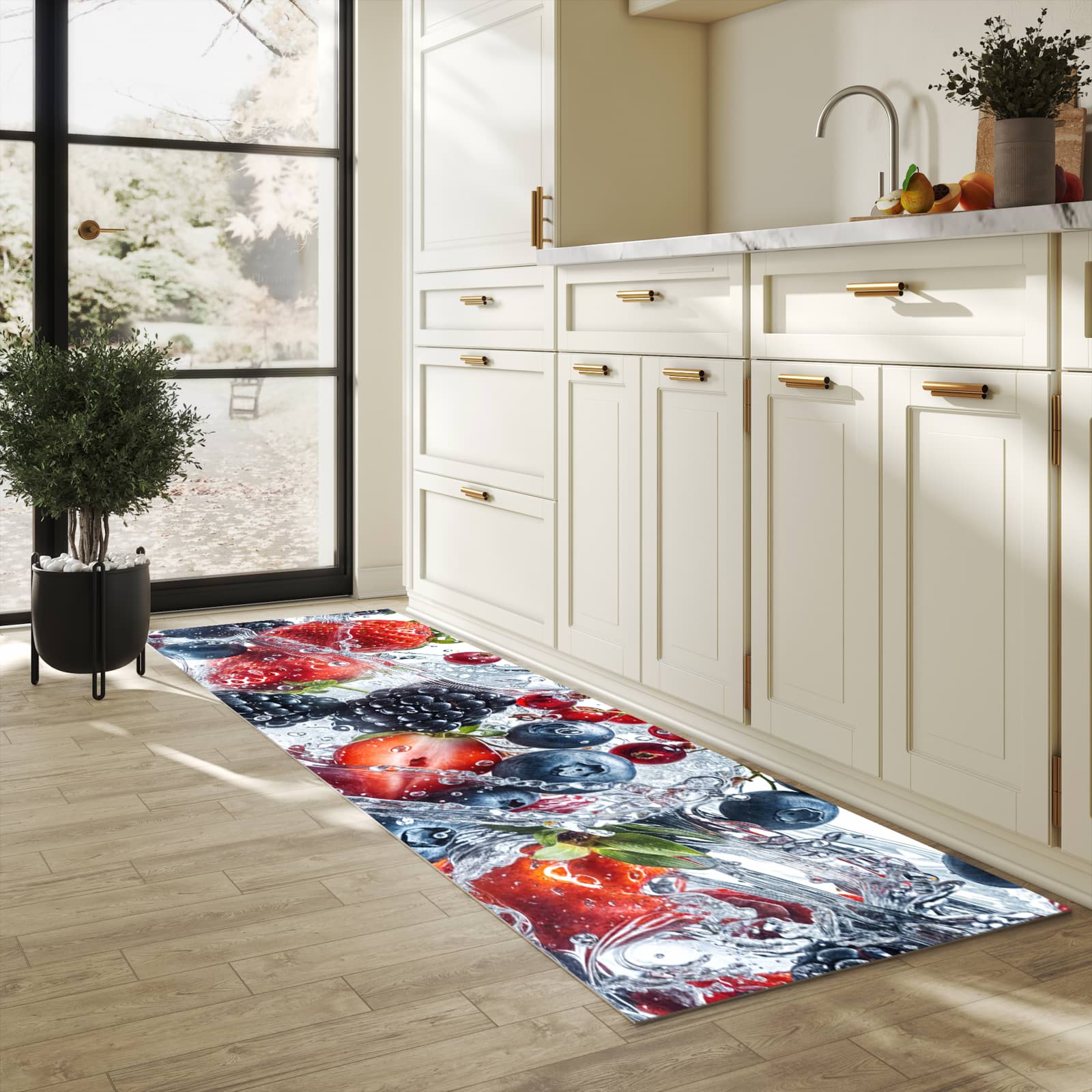 Fleckenresistenter waschbarer Teppich Küche mit Motiv Beeren im Wasser in heller Küche