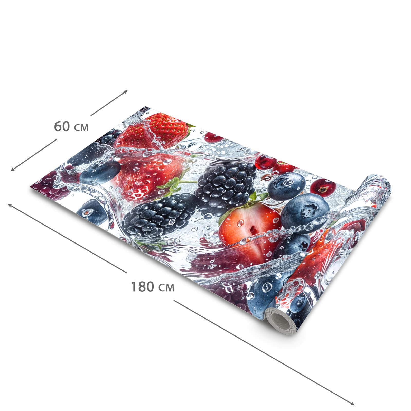 Pflegeleichter Küchenläufer mit Motiv Beeren im Wasser in der Grösse 90x180 cm zum Waschen