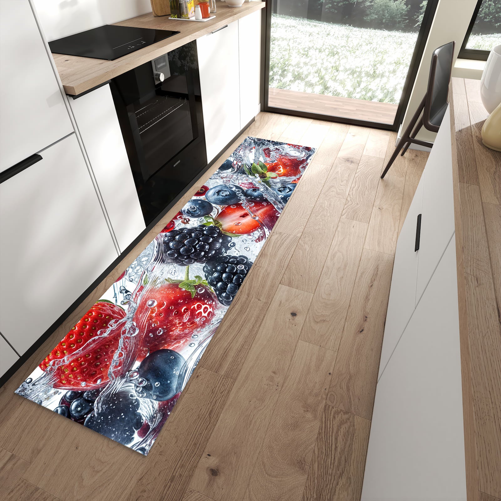 Rutschfester Küchenteppich mit Motiv Beeren im Wasser in moderner Küche