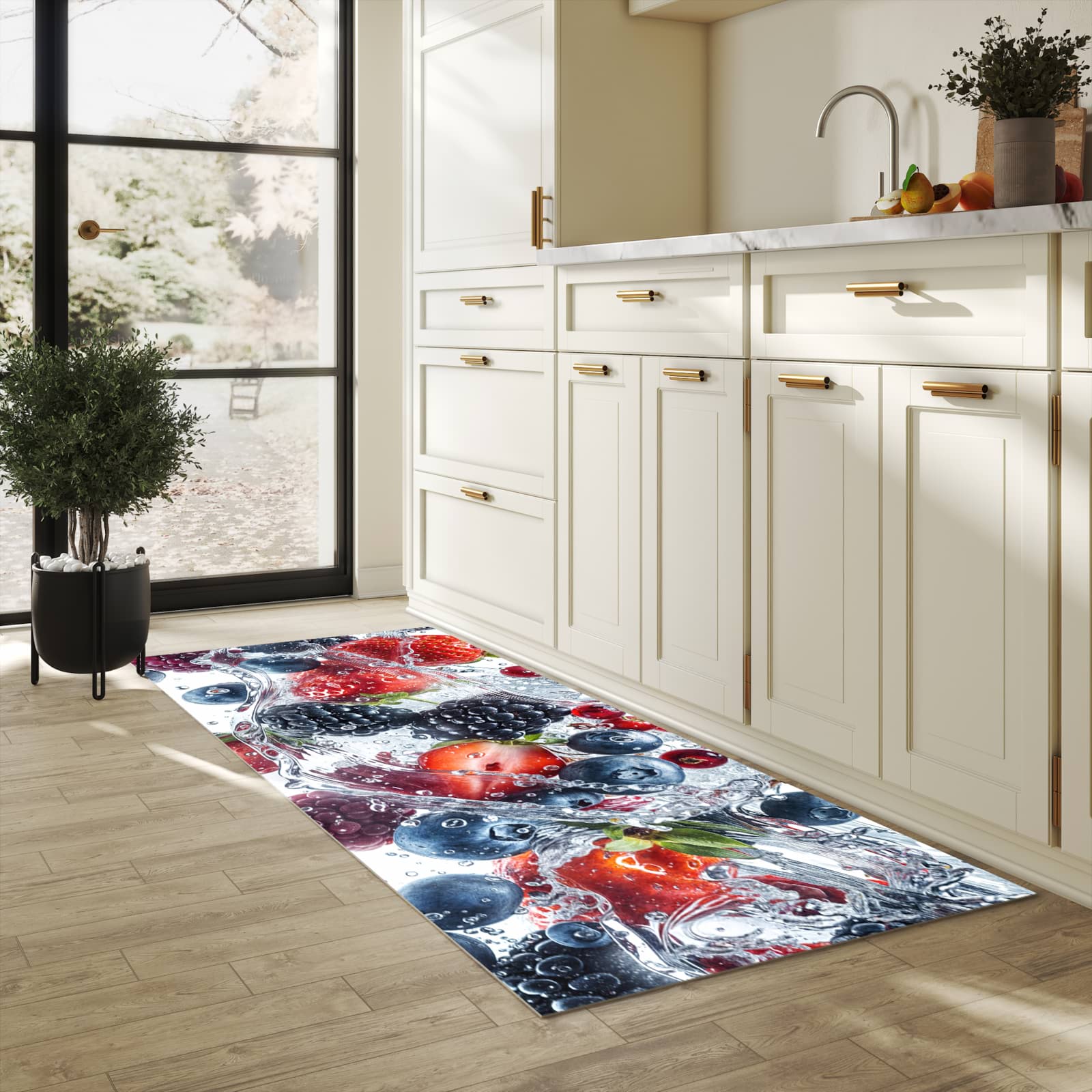 Langlebiger Teppichläufer mit Motiv Beeren im Wasser in heller Küche