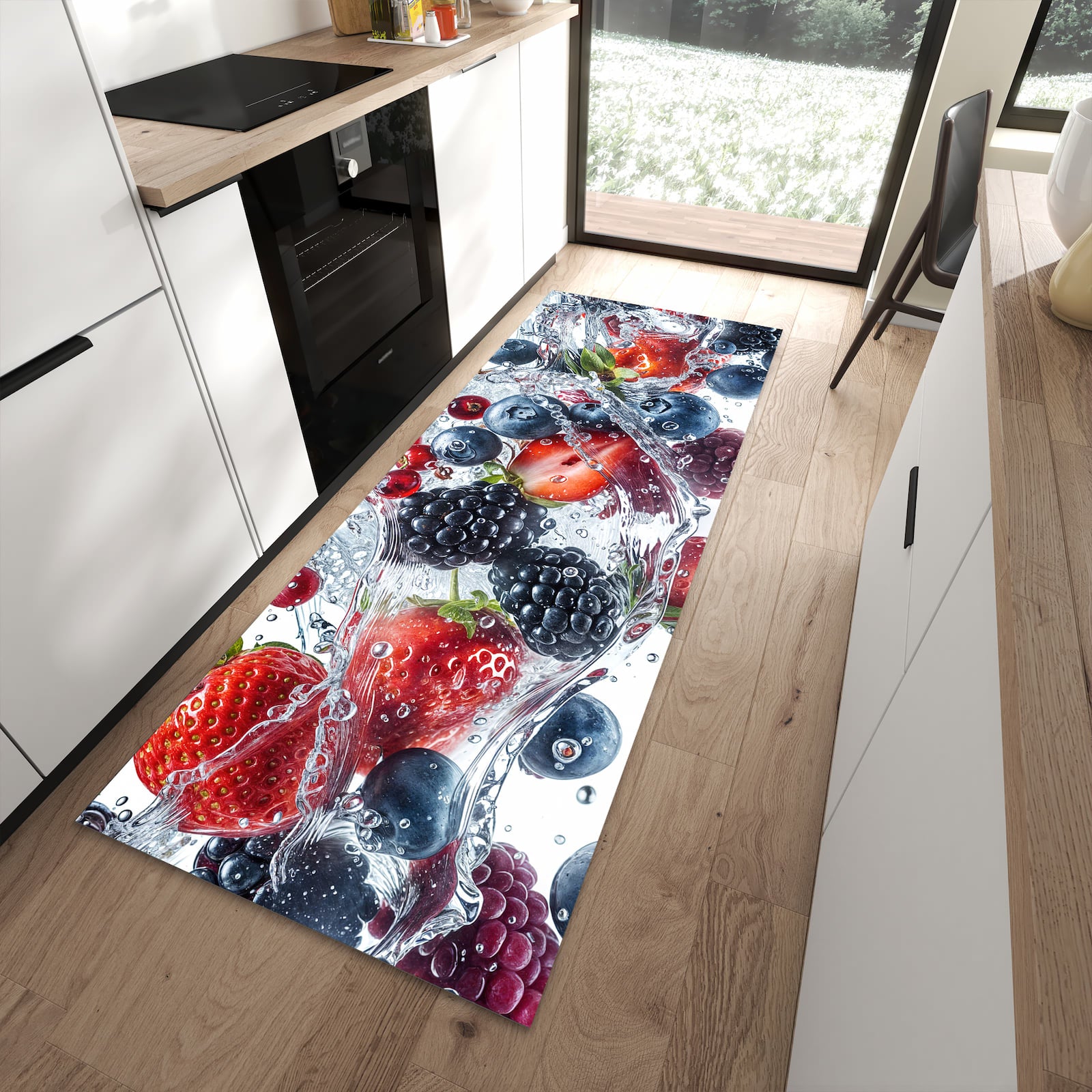 Bodenschonender Küchenteppich mit Motiv Beeren im Wasser in moderner Küche