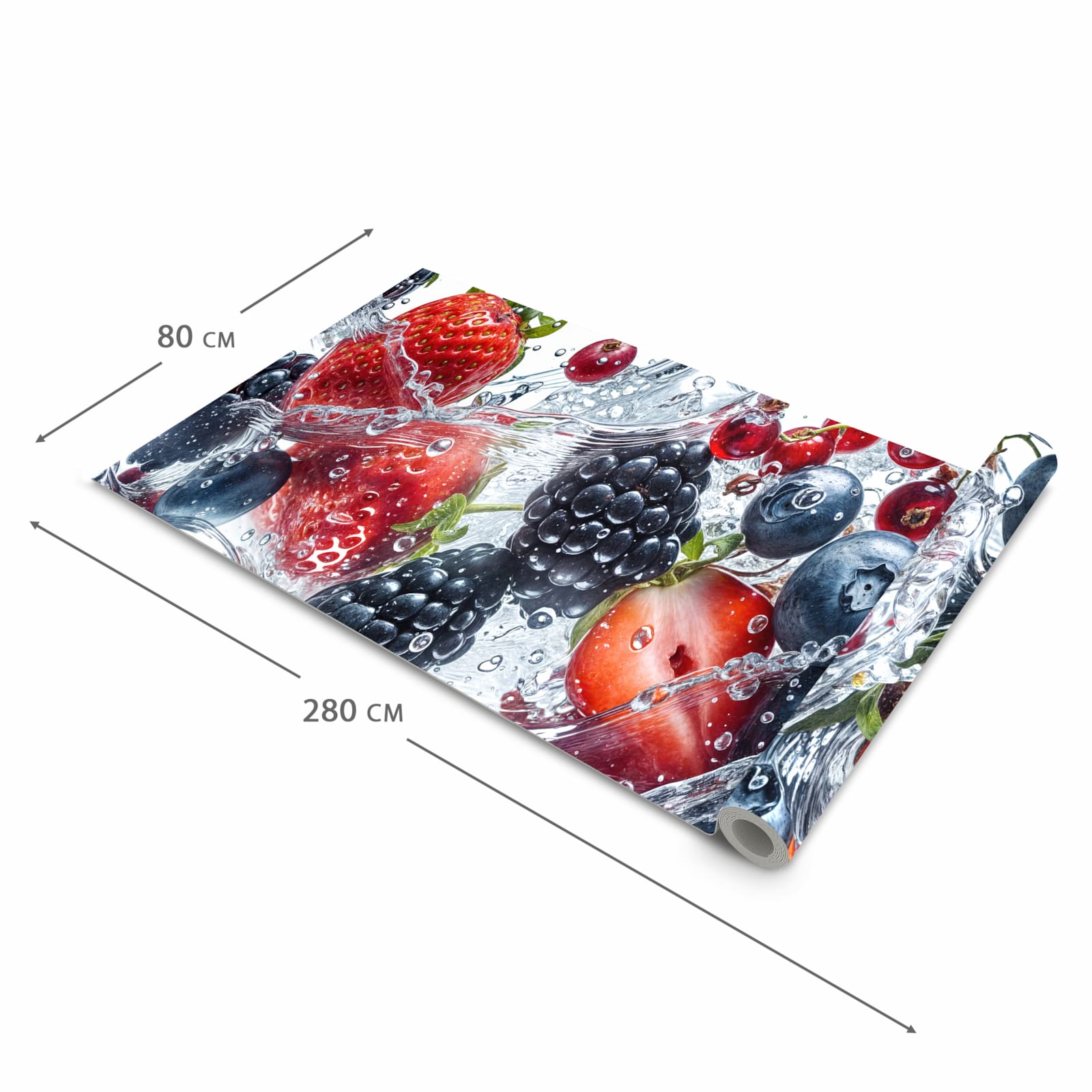 Waschbarer Küchenteppich mit Motiv Beeren im Wasser in der Grösse 90x180 cm