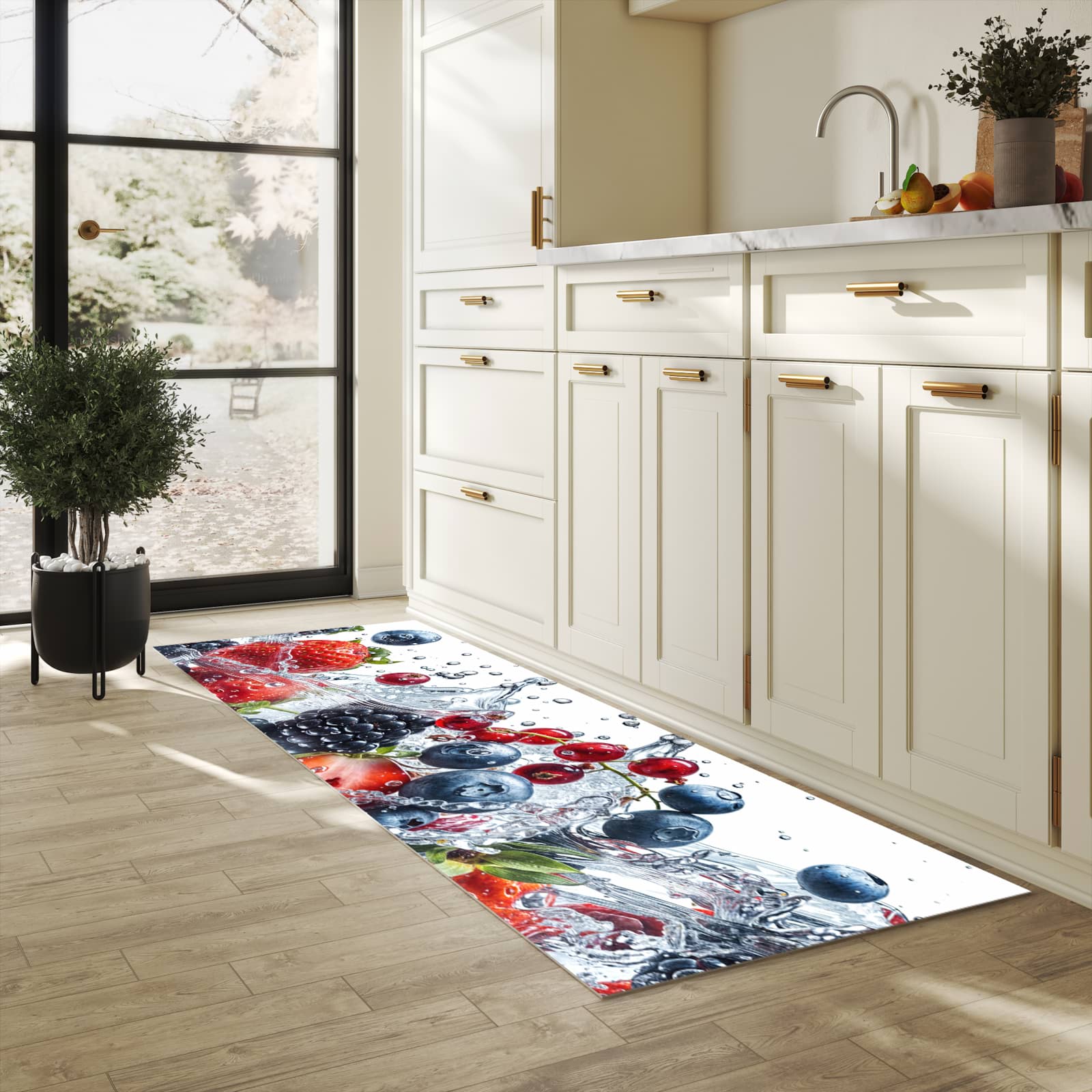 Wasserabweisender Küchenvorleger mit Motiv Beeren im Wasser in heller Küche