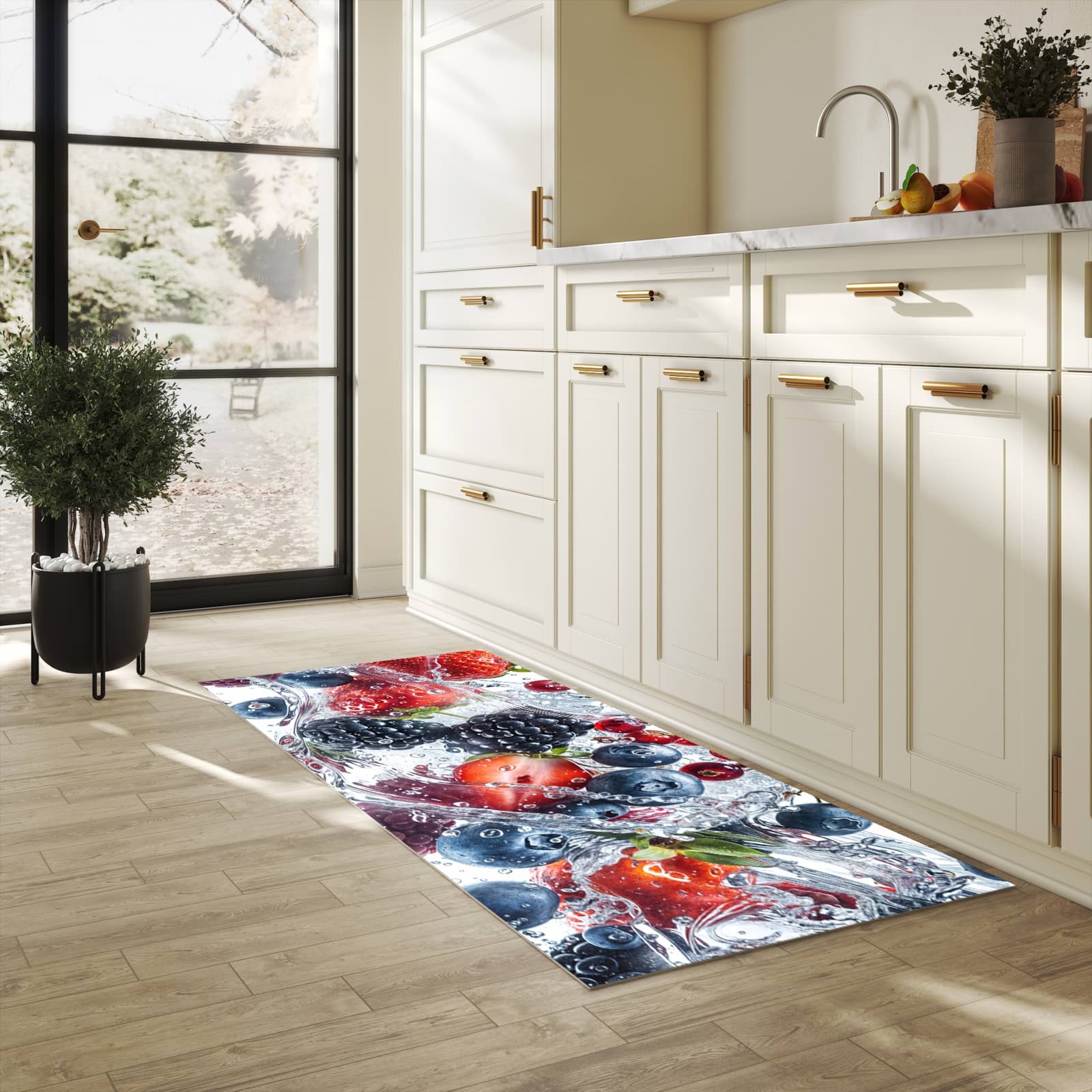 Küchenteppich mit Motiv Beeren im Wasser für Trittkomfort in heller Küche