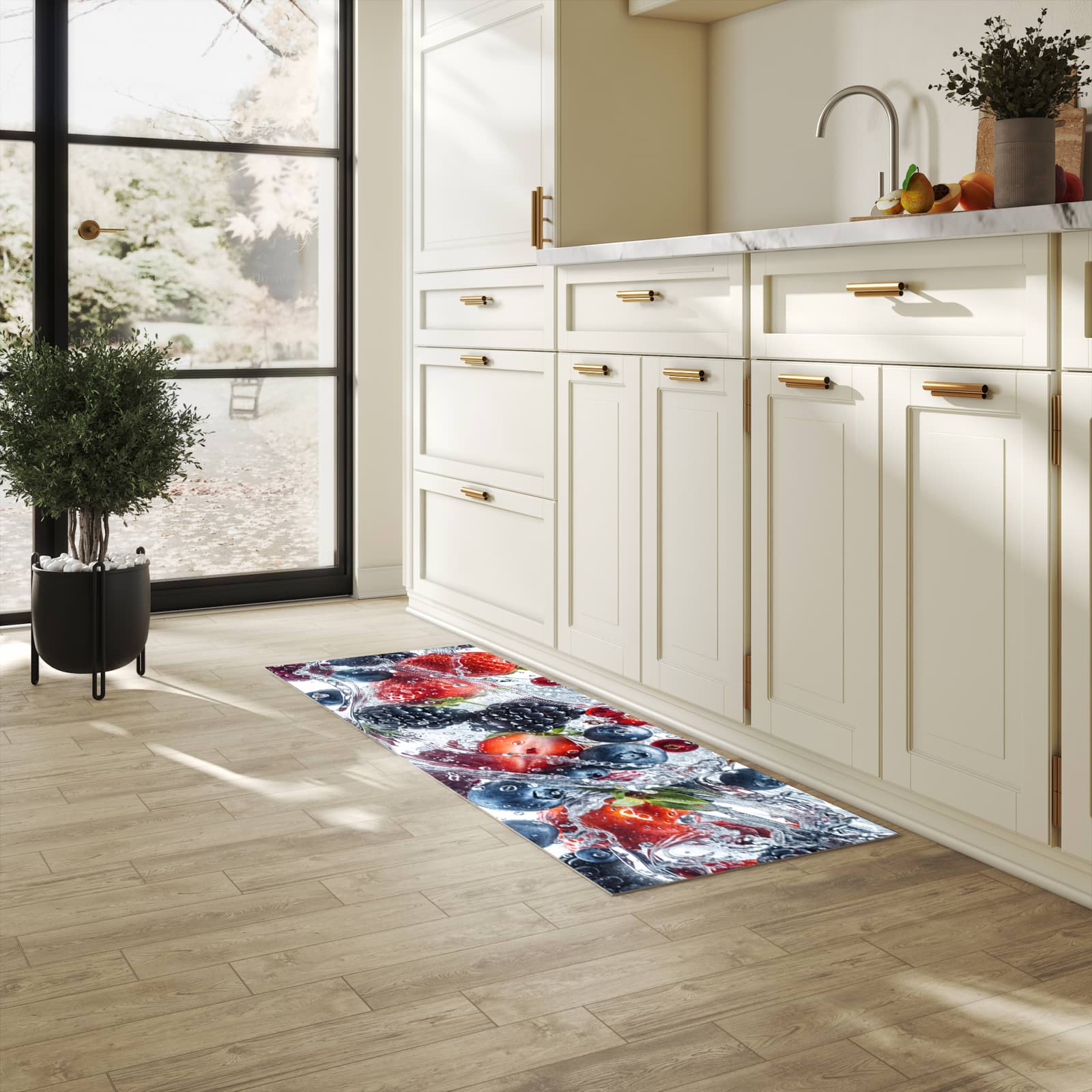 Waschbarer Küchenteppich mit Motiv Beeren im Wasser in heller Küche
