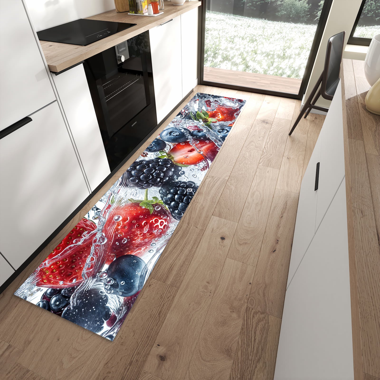 Pflegeleichter Küchenteppich mit Motiv Beeren im Wasser in moderner Küche