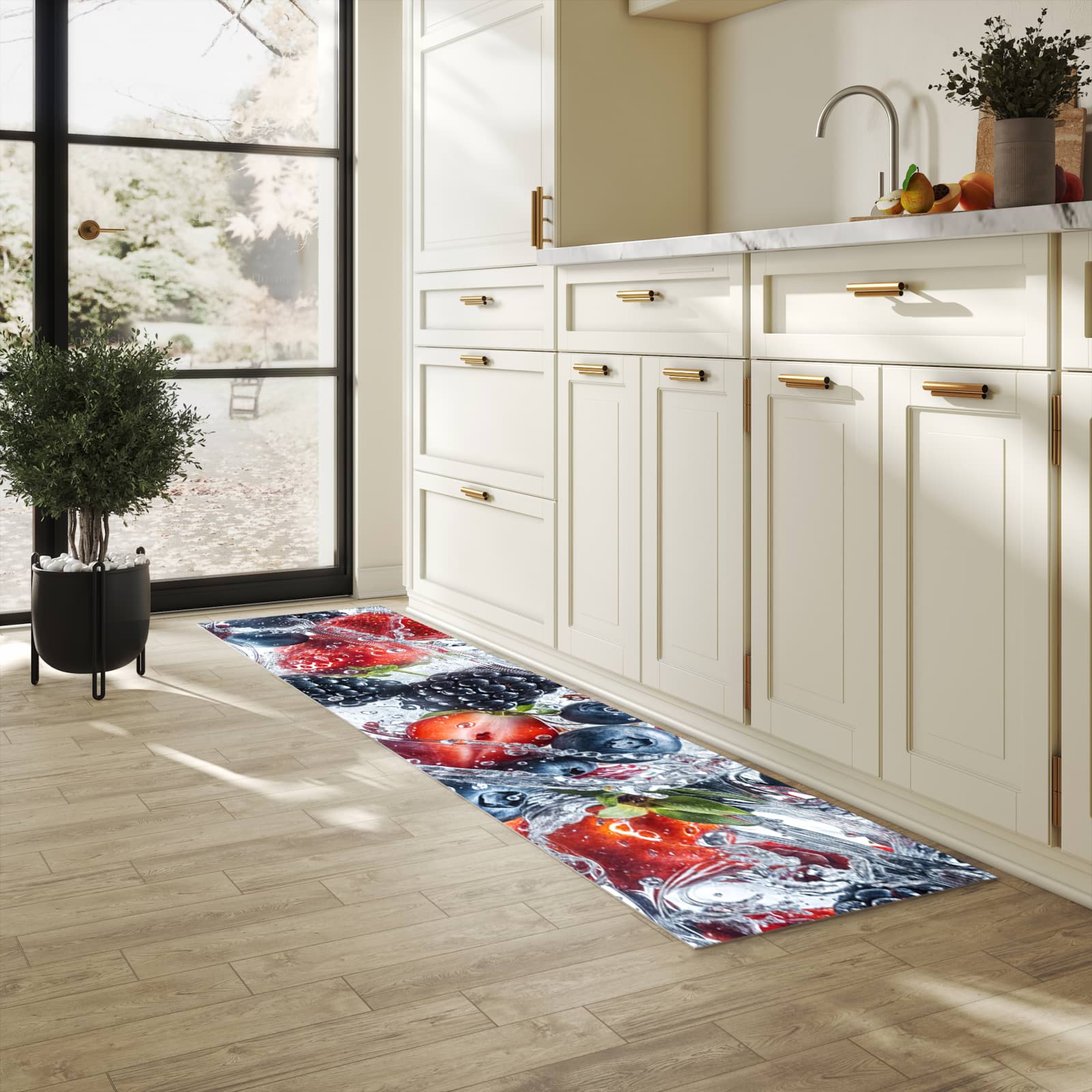 Rutschfester Küchenteppich mit Motiv Beeren im Wasser in heller Küche