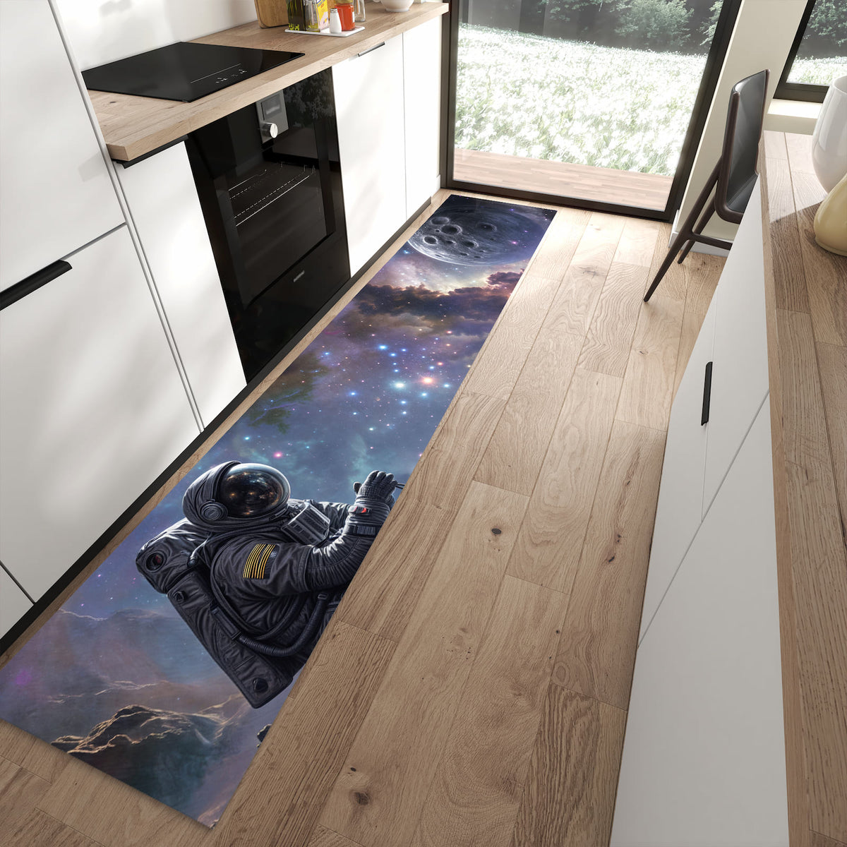 Abriebfester rutschfester Küchenläufer mit Motiv In All Astronaut in moderner Küche
