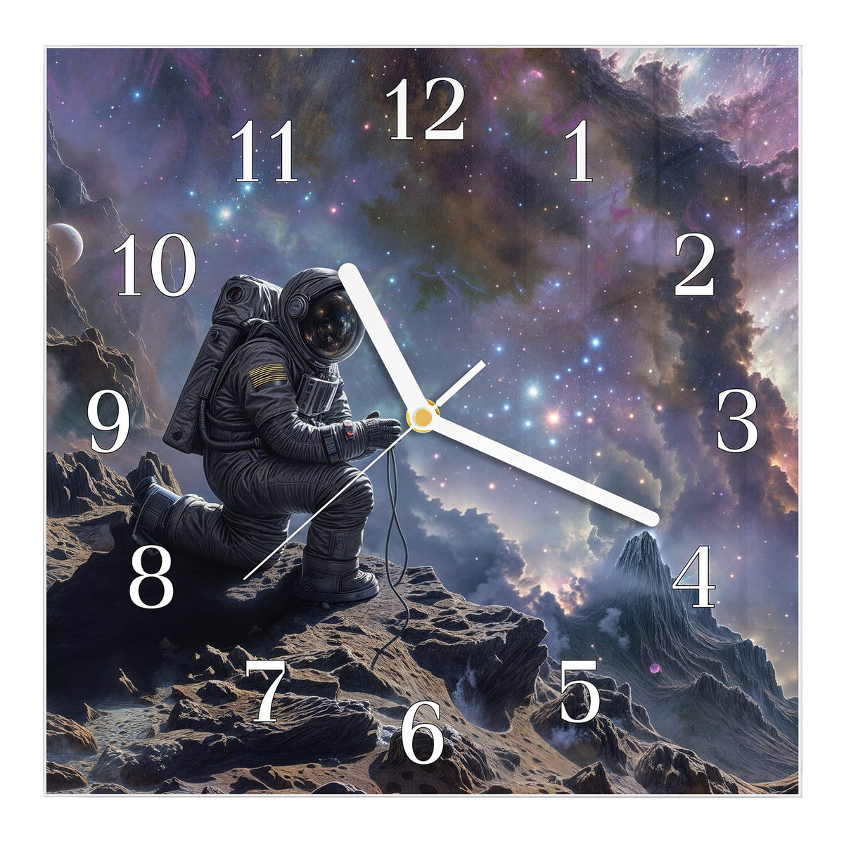 Wanduhr aus Glas, Ziffernblatt Klassisch mit Motiv Astronaut und Galaxie