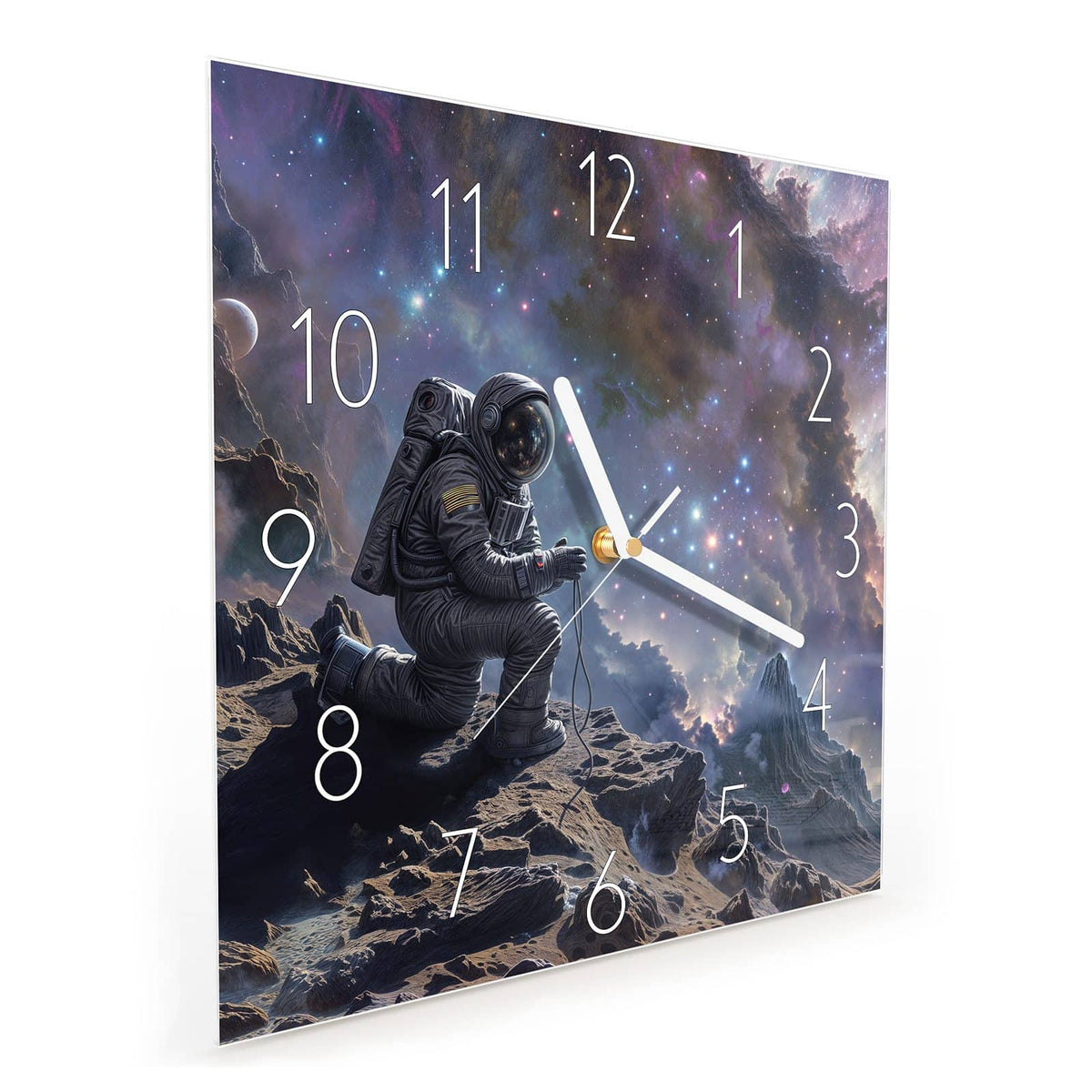 Quadratische Wanduhr aus Glas Astronaut und Galaxie schräg von der Seite, 4 mm starkes Glas