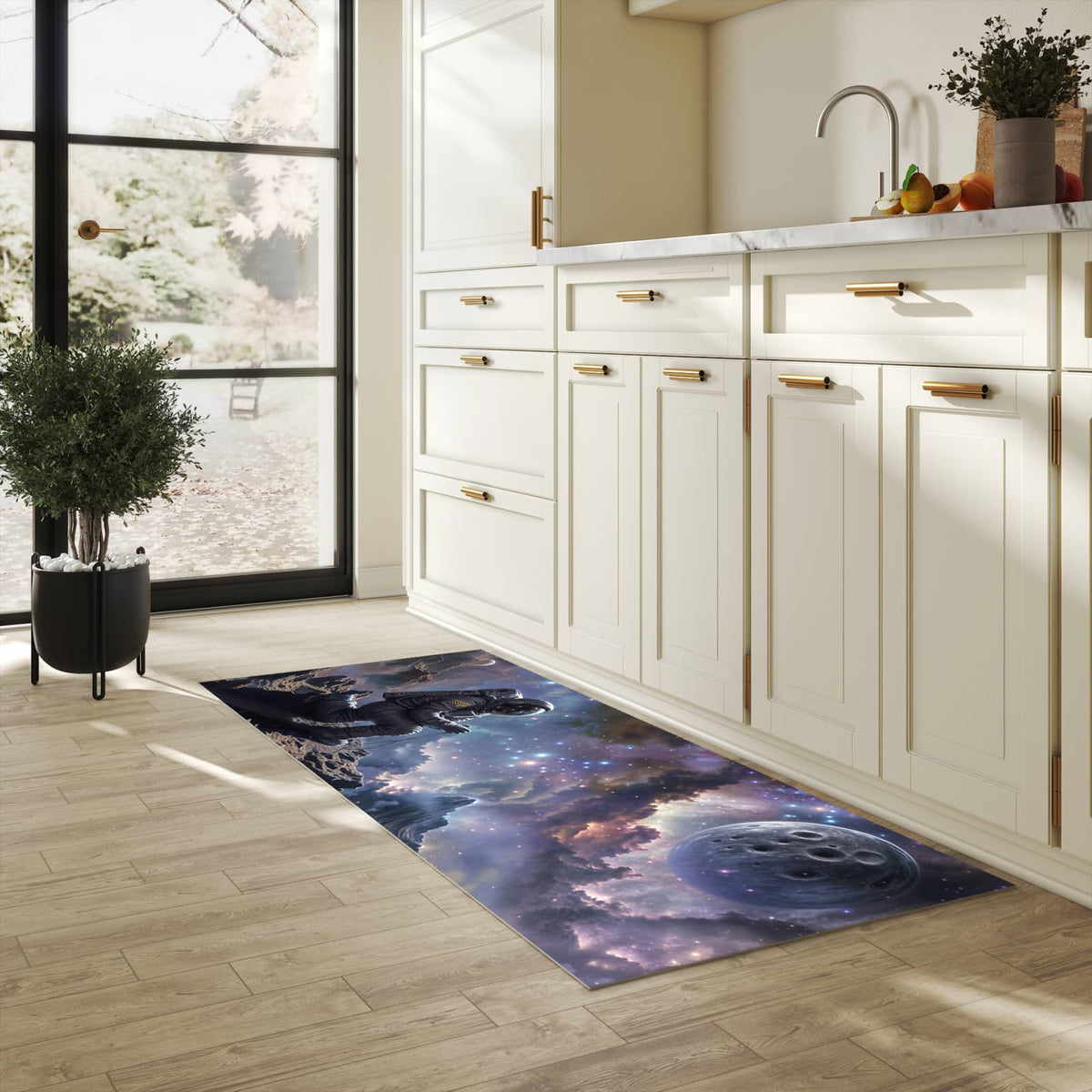 Flacher moderner Küchenläufer mit Motiv In All Astronaut in heller Küche