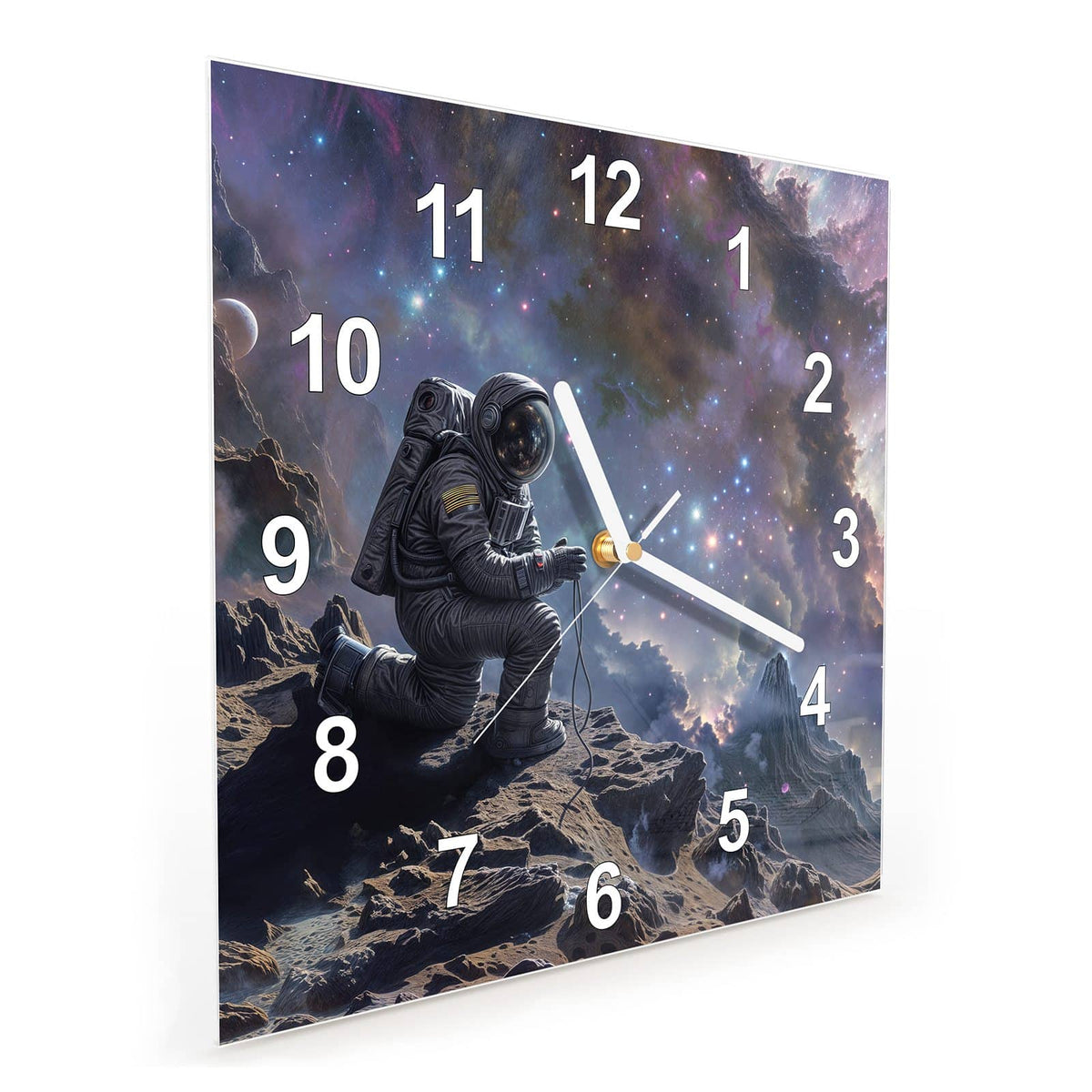 Quadratische Wanduhr aus Glas Astronaut und Galaxie schräg von der Seite, 4 mm starkes Glas