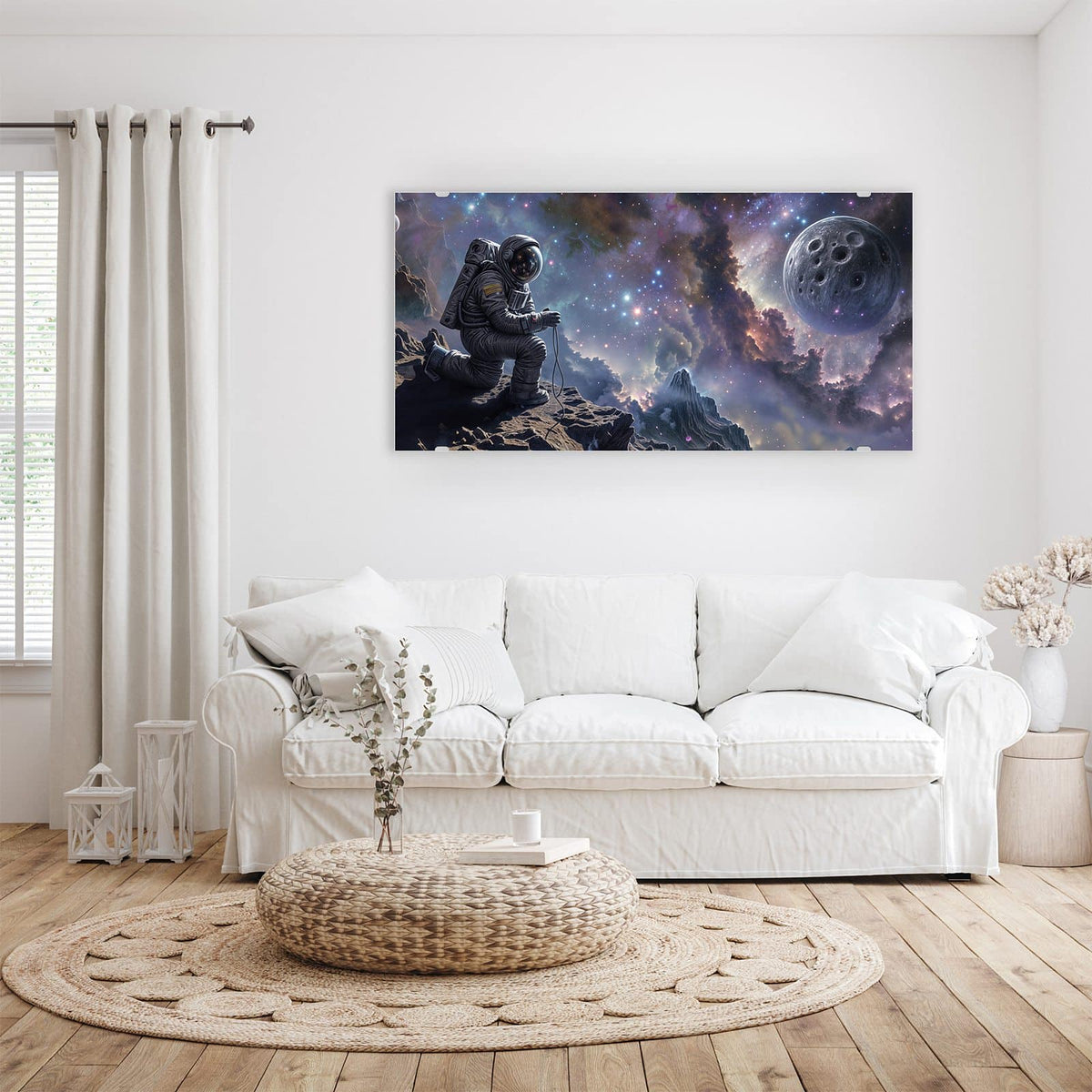 Wandbild - Astronaut und Galaxie - Querformat – Astronaut vor bunten Nebeln