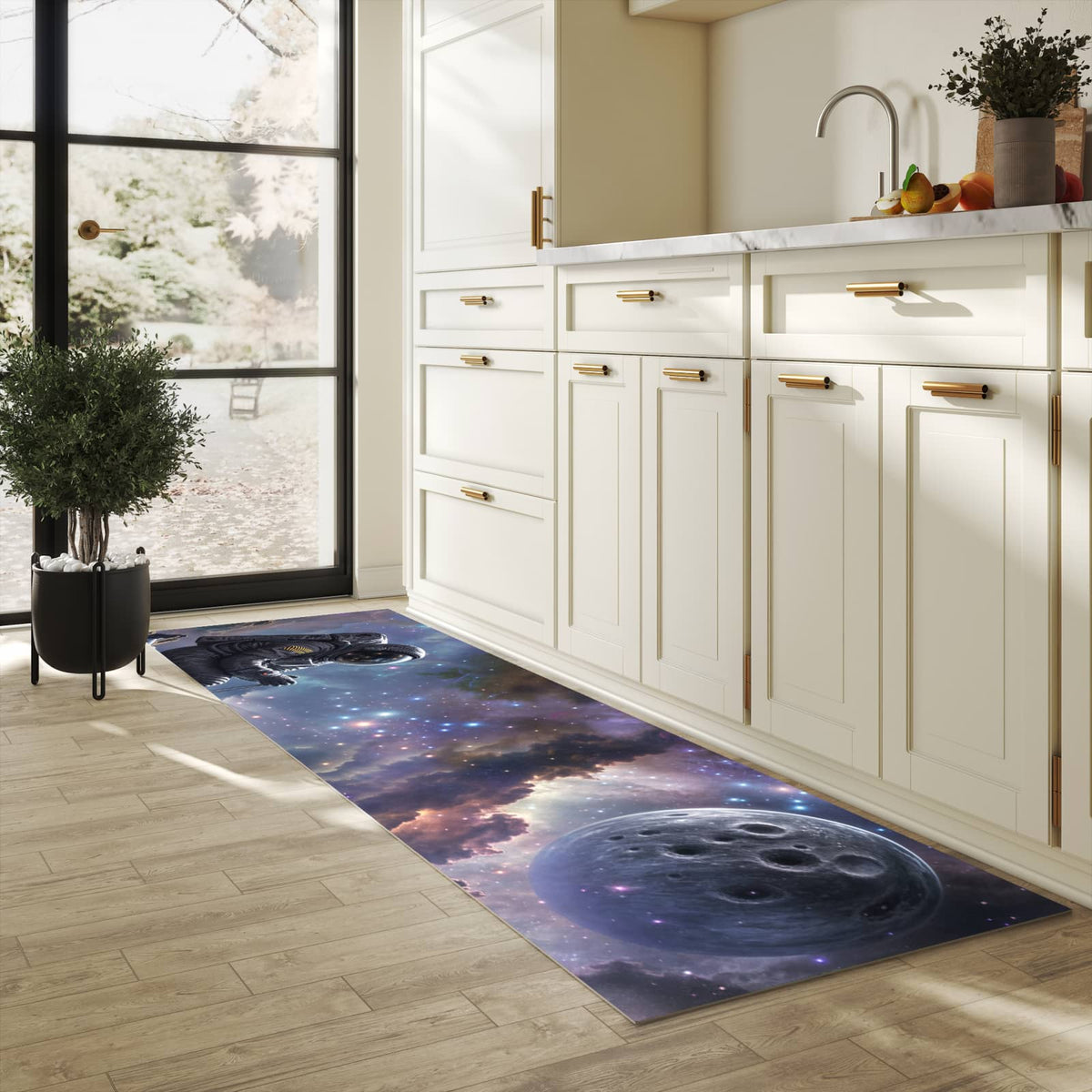 Komfortabler abwaschbarer Küchenteppich mit Motiv In All Astronaut in heller Küche