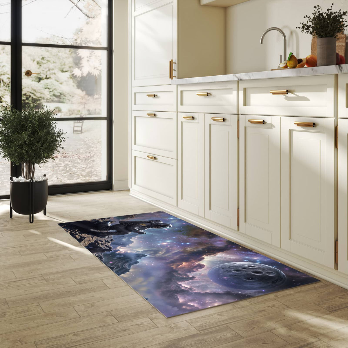 Pflegeleichter Küchenteppich mit Motiv In All Astronaut in heller Küche