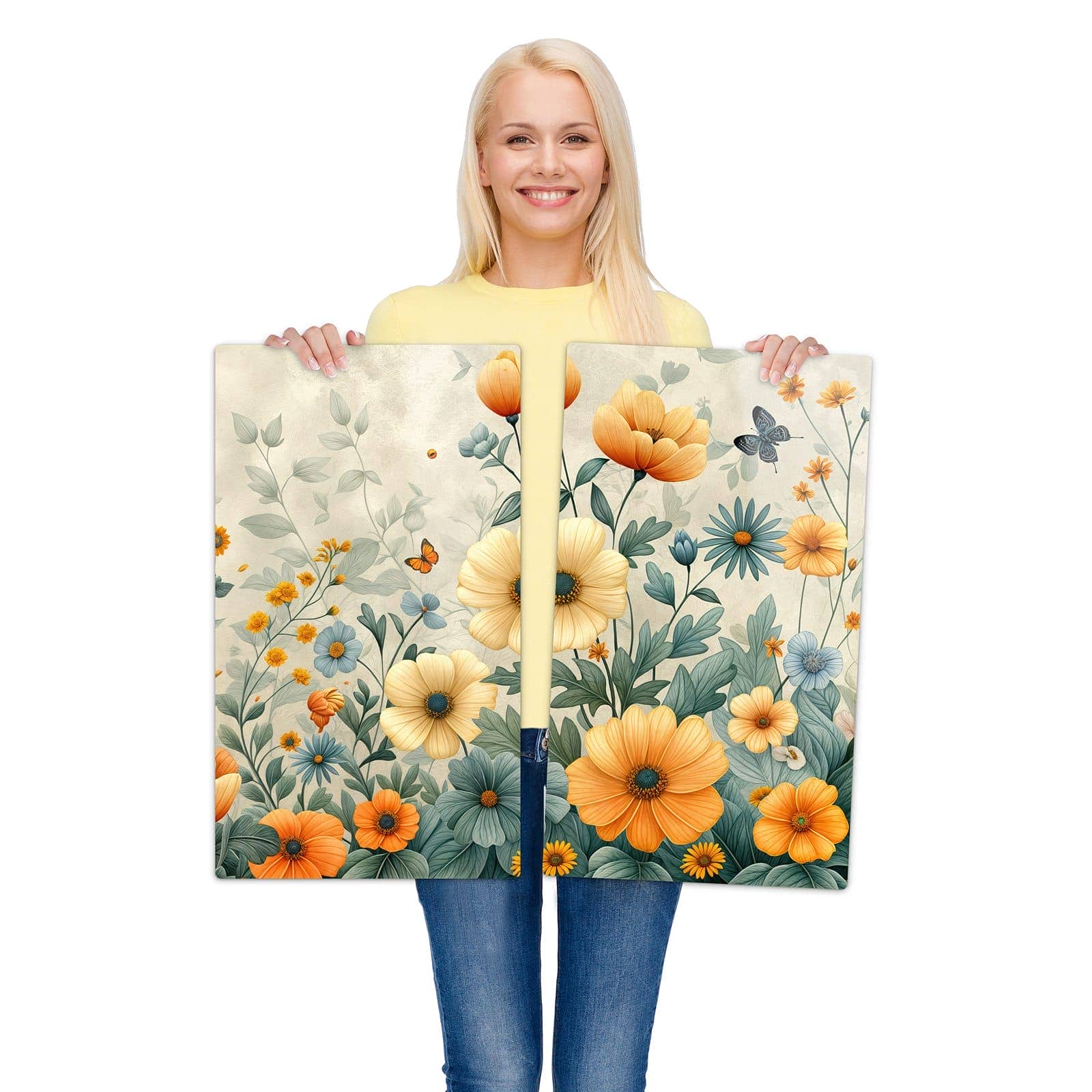 2-teilige Abdeckplatten mit Blumenwiese-Motiv werden zur Größendarstellung gehalten