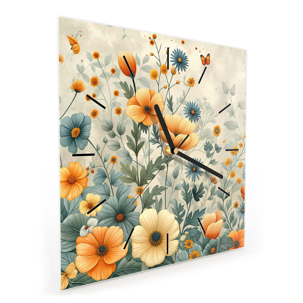 Quadratische Wanduhr aus Glas Sommerblüten auf Beige schräg von der Seite, 4 mm starkes Glas