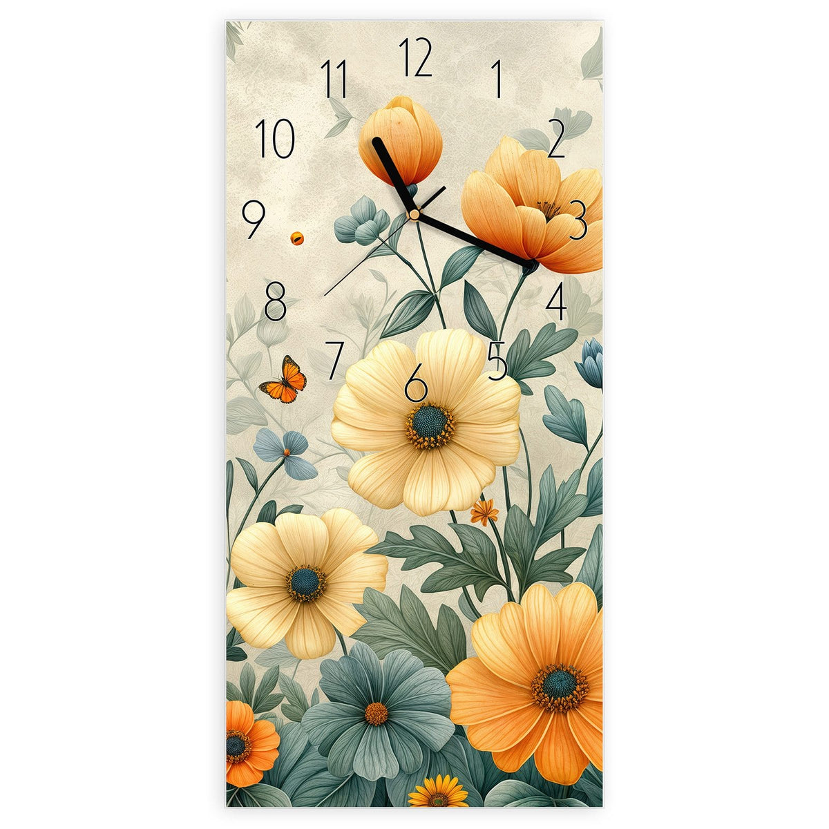 Wanduhr aus Glas, Ziffernblatt Elegant mit Motiv Sommerblüten auf Beige: Illustrierte Wiesenblumen in Orange, Creme und Blau auf beigem Grund #ziffernblatt_Elegant