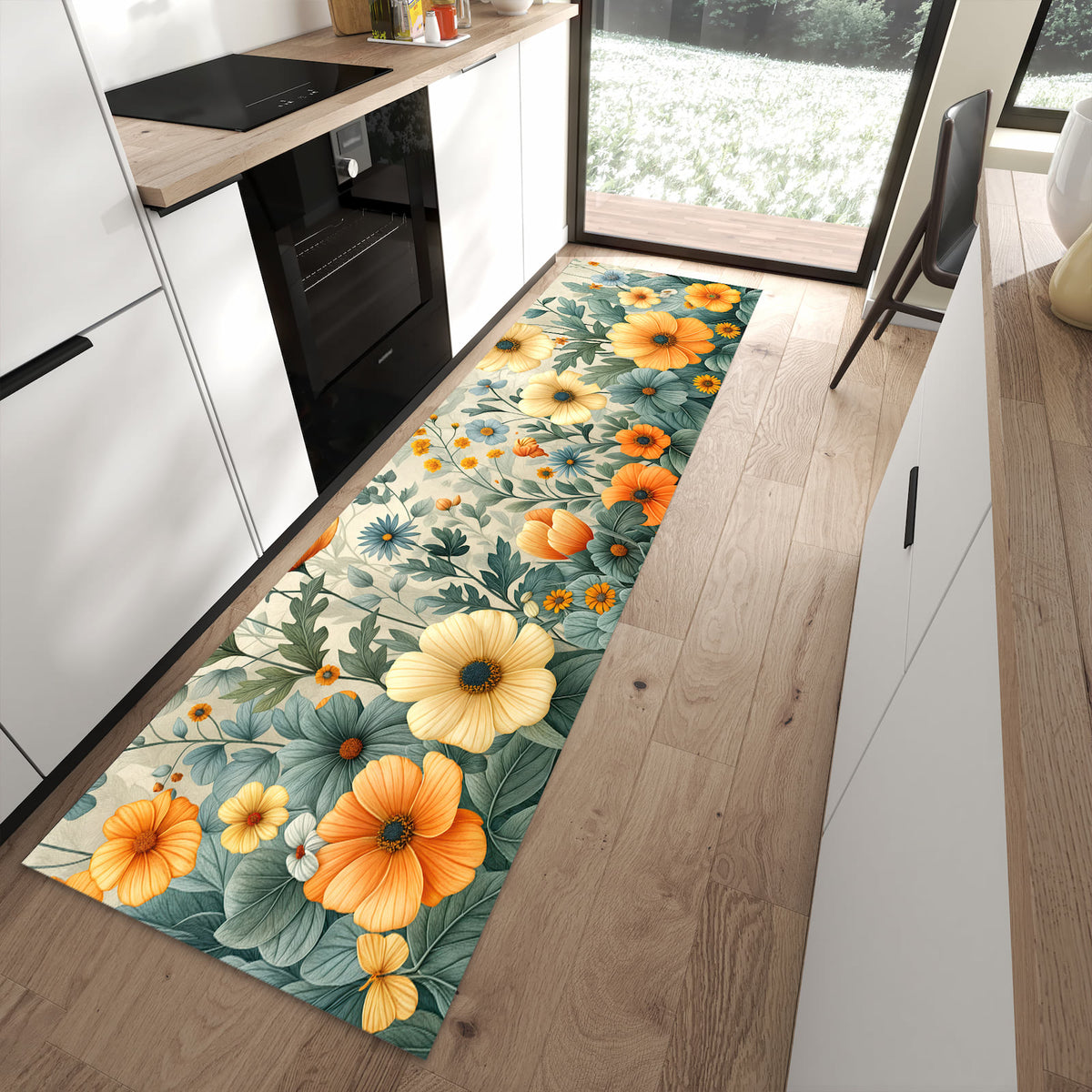 Feuchtigkeitsresistenter Küchenteppich mit Motiv Blumenwiese in moderner Küche