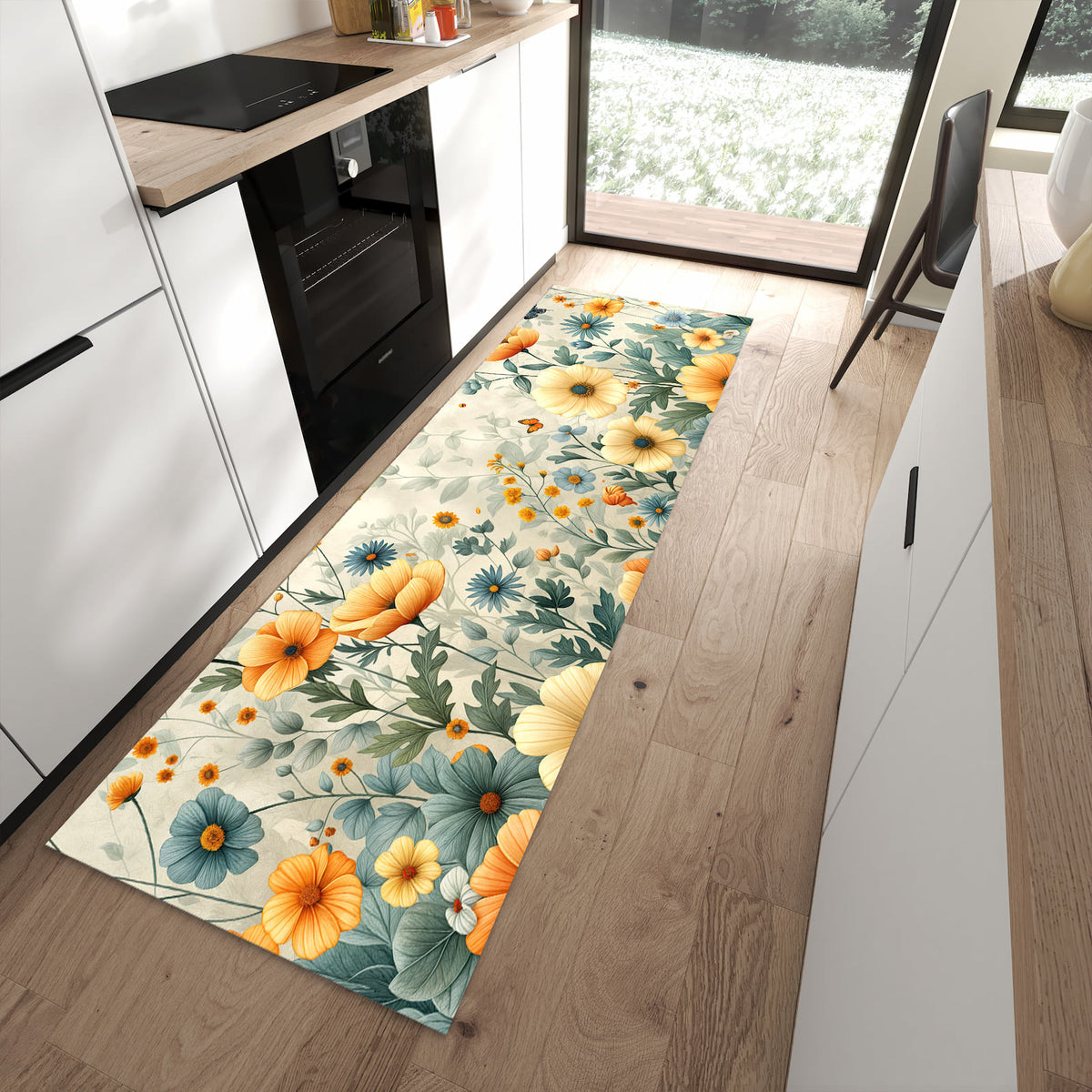 Rutschfester großer Küchenteppich mit Motiv Blumenwiese in moderner Küche