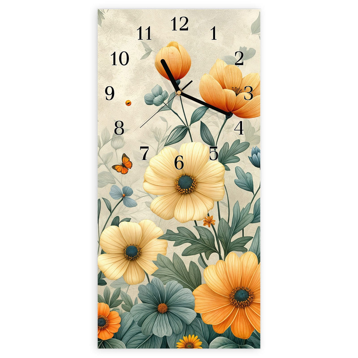 Wanduhr aus Glas, Ziffernblatt Klassisch mit Motiv Sommerblüten auf Beige: Illustrierte Wiesenblumen in Orange, Creme und Blau auf beigem Grund #ziffernblatt_Klassisch