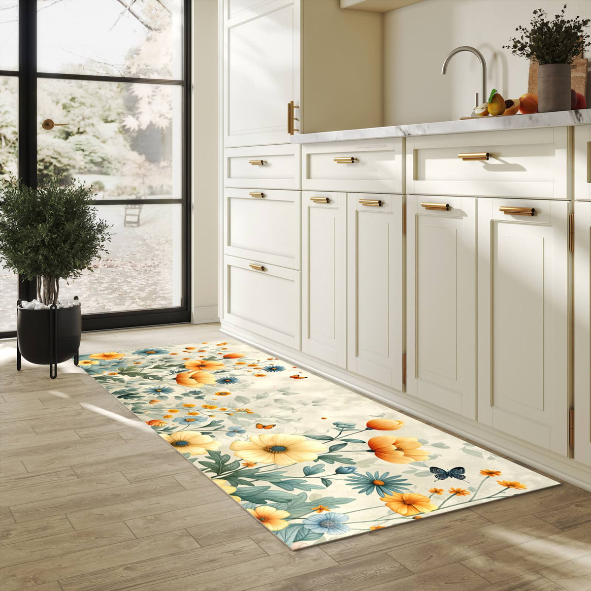 Abriebfester rutschfester Küchenläufer mit Motiv Blumenwiese in heller Küche