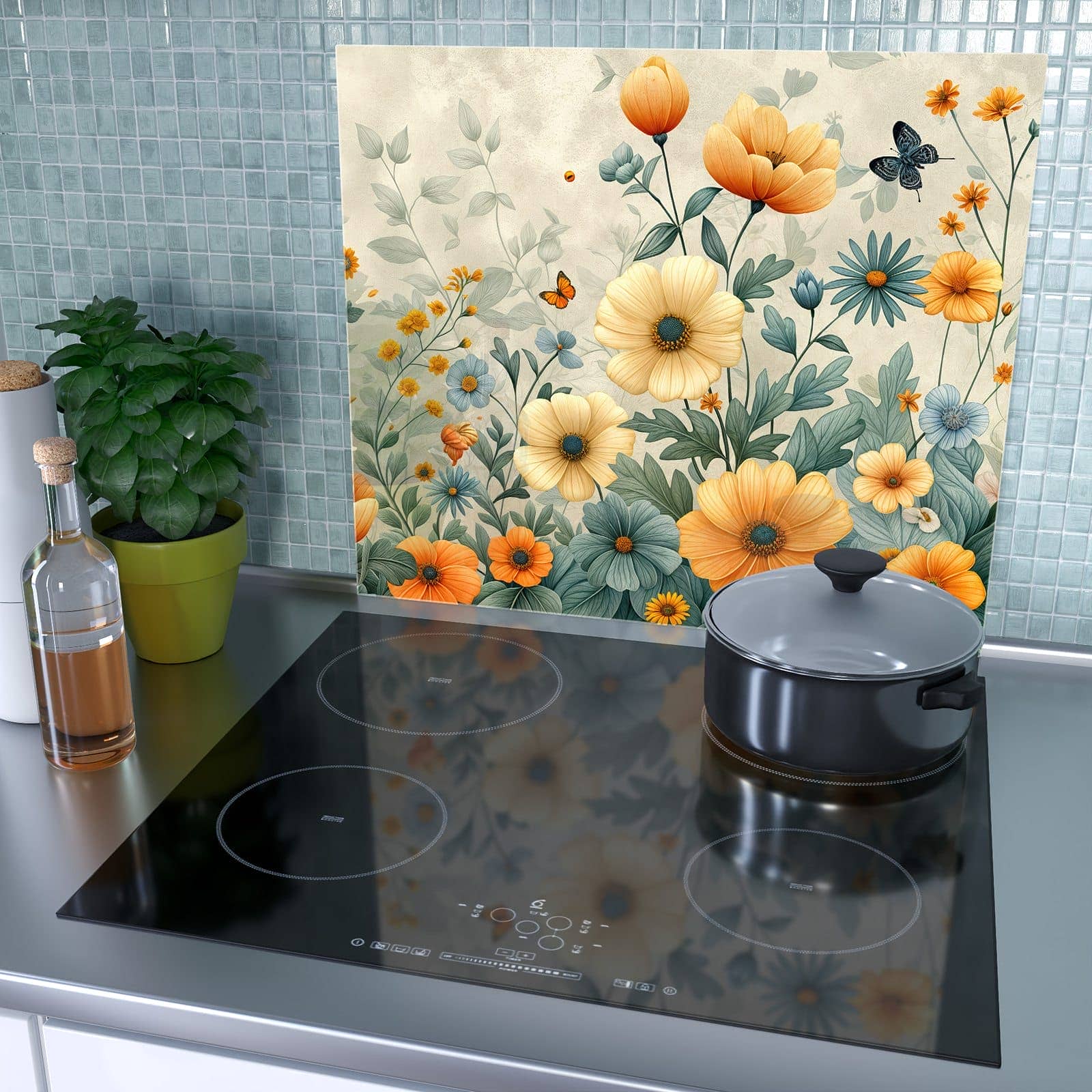 1-teilige Herdabdeckplatte mit Blumenwiese-Motiv als Spritzschutz hinter dem Kochfeld