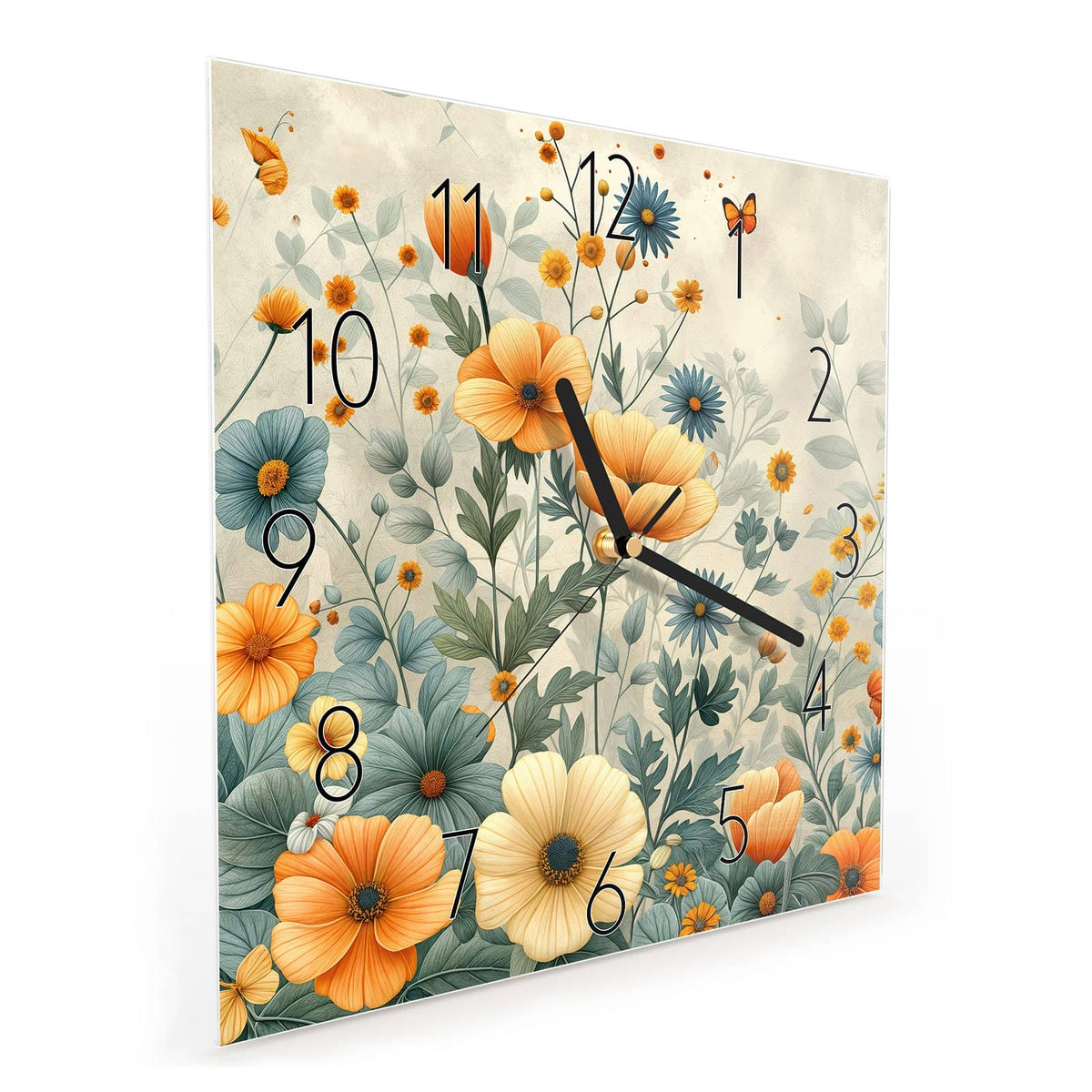 Quadratische Wanduhr aus Glas Sommerblüten auf Beige schräg von der Seite, 4 mm starkes Glas